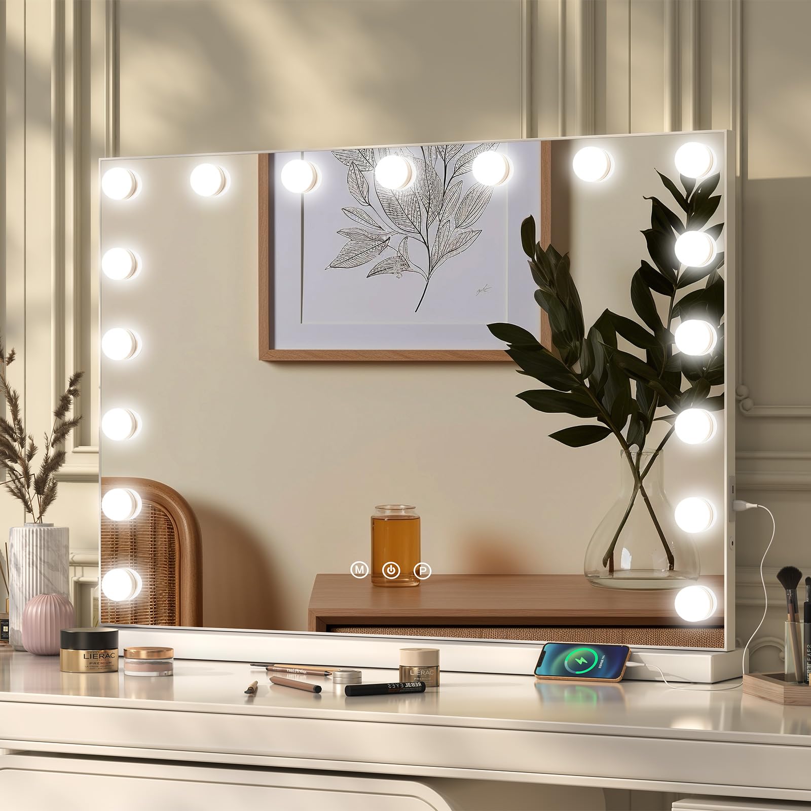 Espejo Tocador 80x62cm con Luz Regulable y Control Táctil, Espejo Maquillaje con Espejo de Aumento 10X Desmontable e Instalación en Pared o sobre Mesa (17 Bombillas LED) | 3 colores de luz, control táctil, 17 bombillas LED, USB y USB-C, espejo de mesa o p
