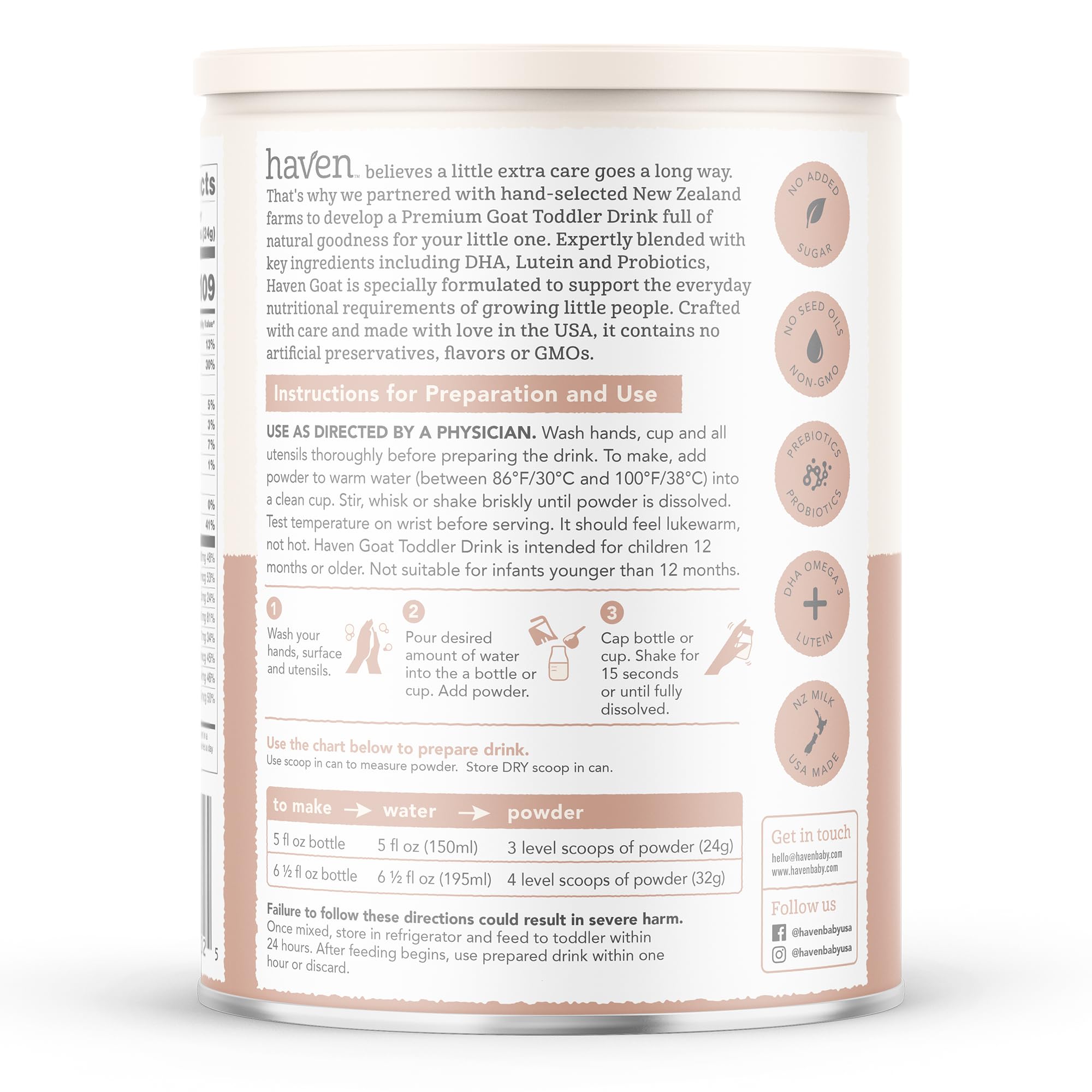 Haven Fórmula de cabra para niños pequeños, leche entera de cabra alimentada con pasto en polvo para niños pequeños con probióticos, prebióticos, luteína y Omega 3 Dha, fórmula de fácil digestión, sin