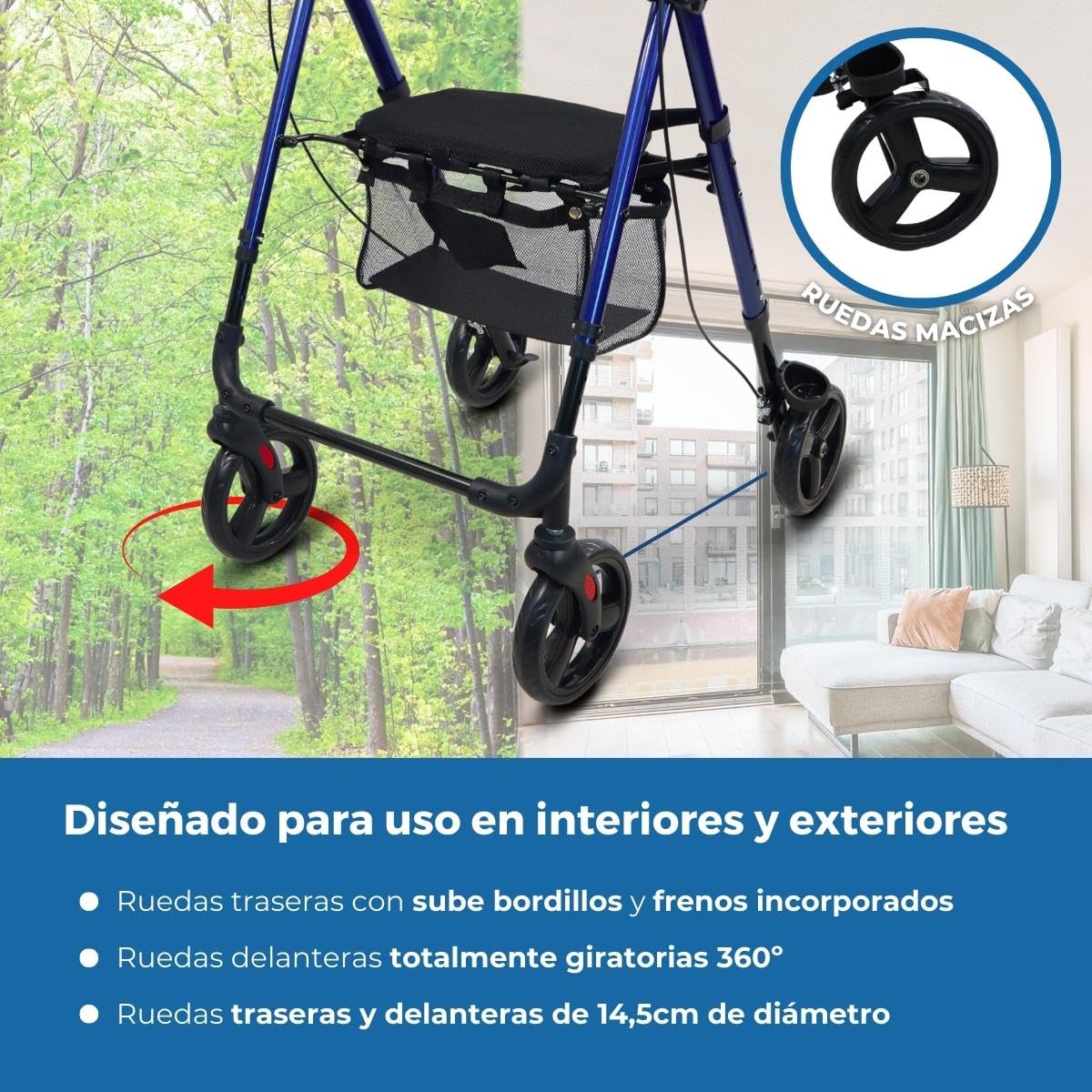 Mobiclinic®, Andador para adultos, Plegable, Ligero, De aluminio, Regulable patas y asiento, Con 4 ruedas, Marca española, Sujeta bastones, Cesta, Augusto, Azul