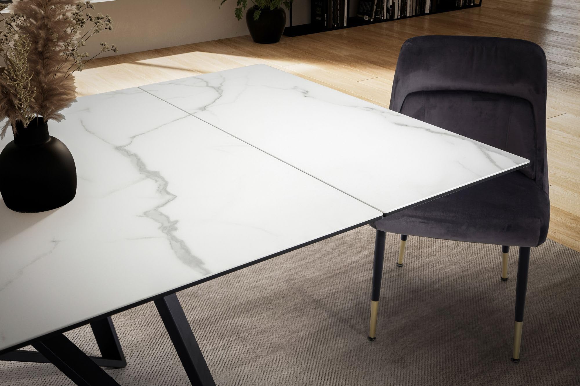 FineBuy Esstisch Ausziehbar 180-260 cm Glas-Keramik Weiß, Geometrisch | Esszimmertisch mit kratzfester und hitzebeständiger Platte, ausziehbare Tafel für bis zu 10 Personen, pflegeleicht