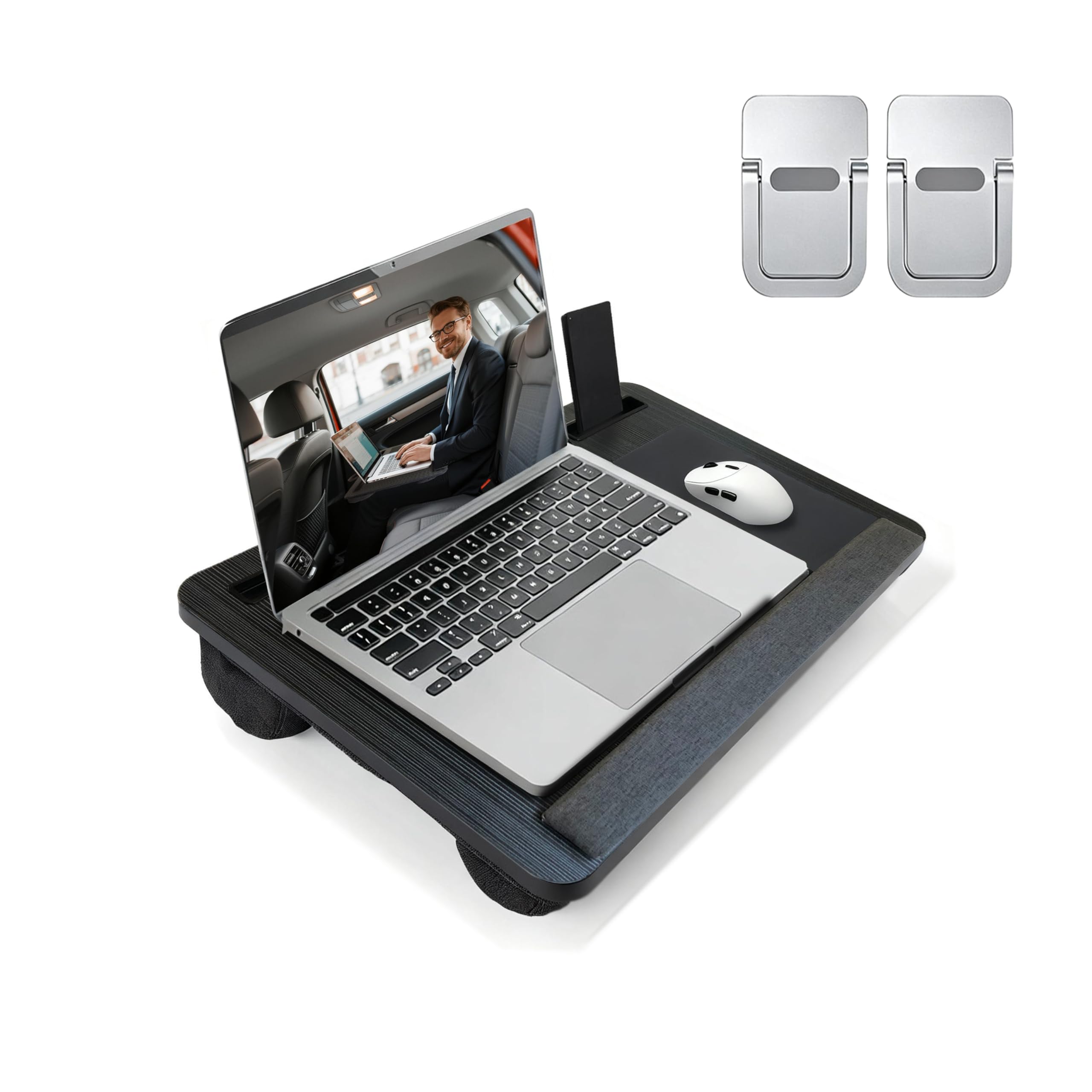 Laptopunterlage 55x34cm für Heim Bett Sofa mit Knietablett mit Kissen,Handgelenkauflage Handyhalter, Laptop Kissen für max 17.3” Notebook, mit mini-klappbarem Gerätehalterr (Schwarz)