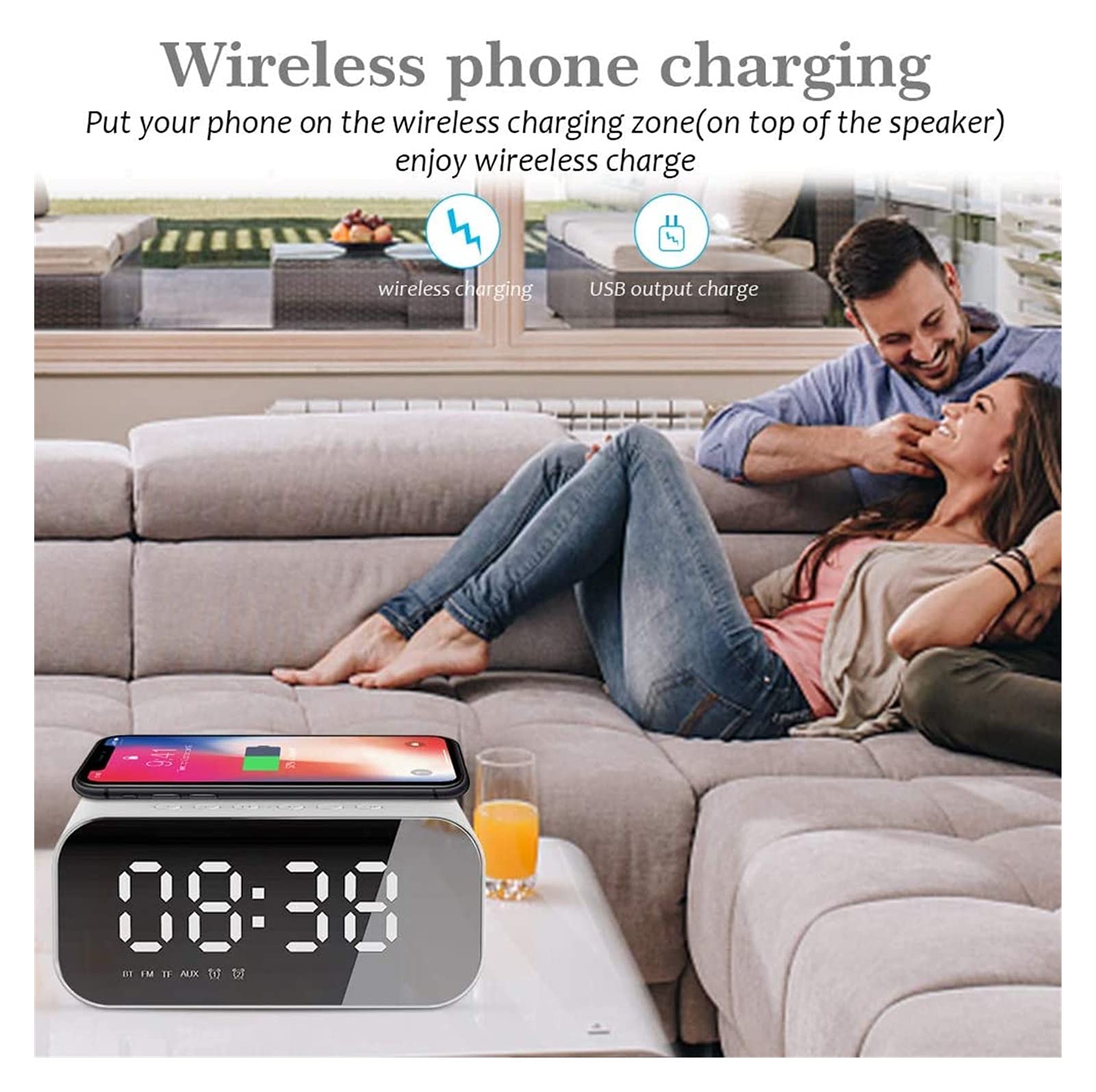 Reloj de Alarma Digital, GEYUEYA Inicio Relojes Digitales Radio Altavoz con USB Puerto y Carga inalámbrica, Alarma Dual, 3 Brillo Regulable, TF- Jugador de Cartas, Grande DIRIGIÓ Pantalla para