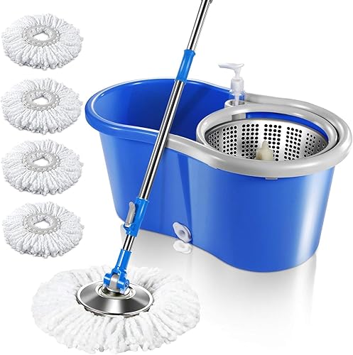 MASTERTOP Easy Wring Spin Mop & Bucket System -360 Spin Mop & Bucket Floor Cleaning, cubo de fregona de acero inoxidable con juego de escurridor, 4