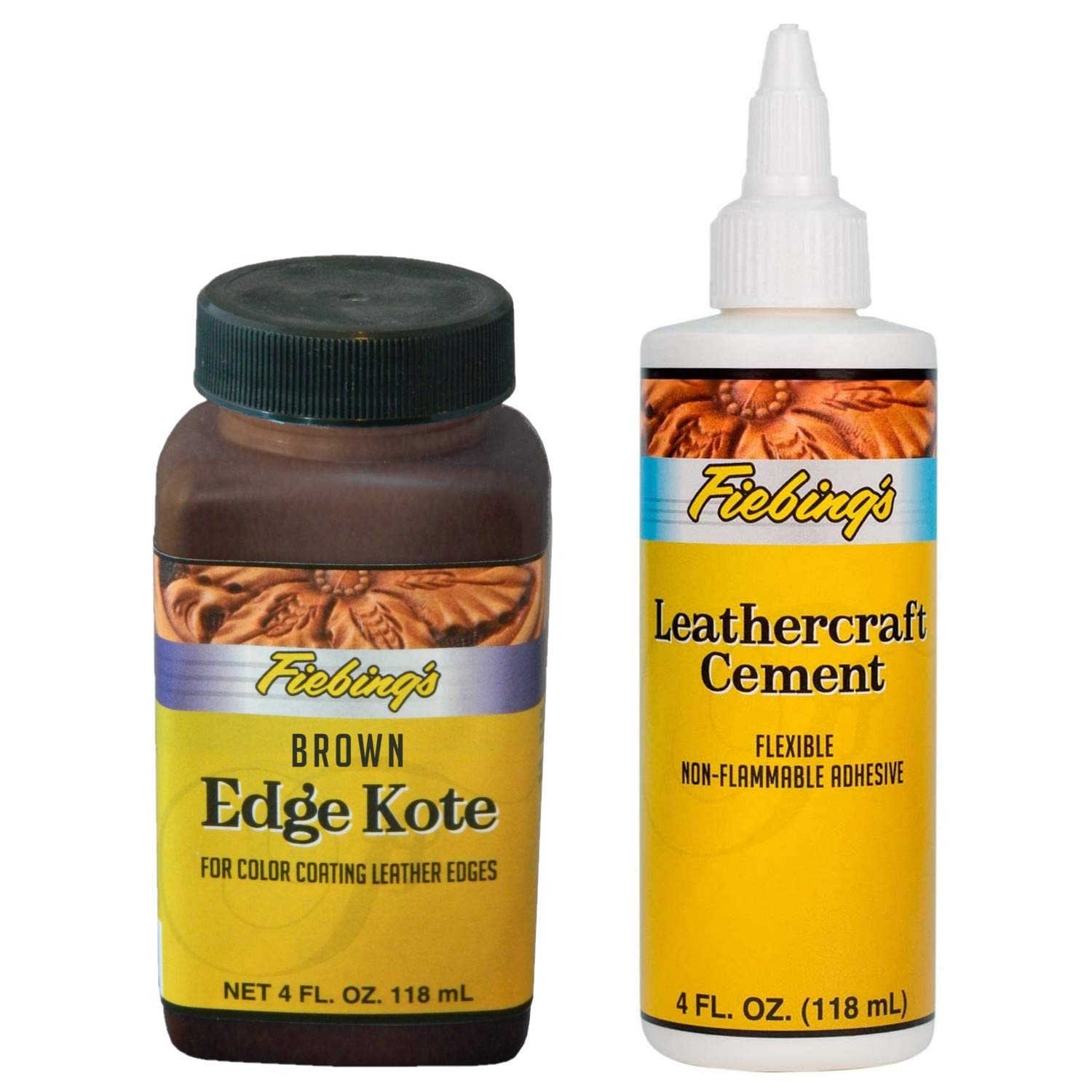 Fiebing's Leathercraft Cement and Brown Edge Kote, 2-Pack - 4 oz Each - High Strength Leather Glue Adhesive - Color Coats Leather Edges