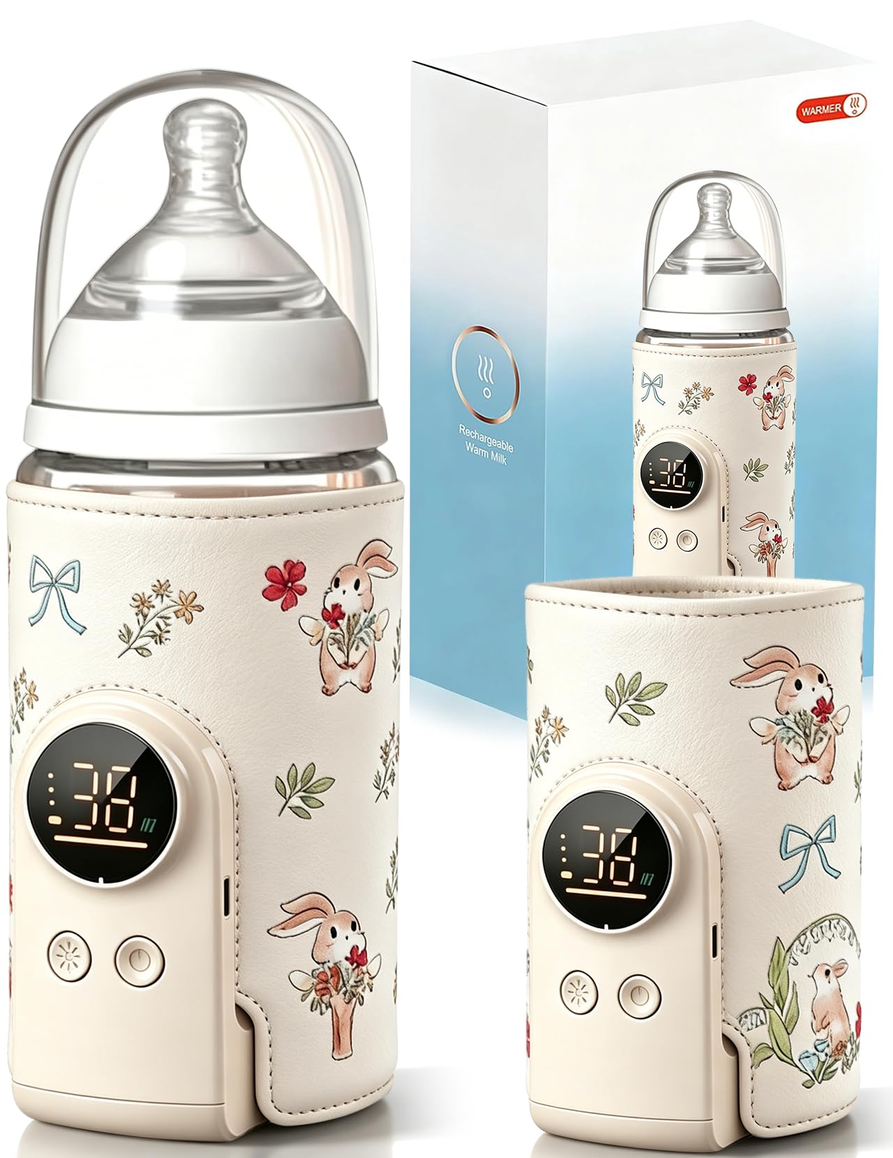 Scaldabiberon per bambini, con batteria da 8000 mAh, 6 livelli di temperatura da 38 a 50 °C, indicatore LED e luce notturna, portatile, funzione di ricarica USB, per viaggi e casa (beige)