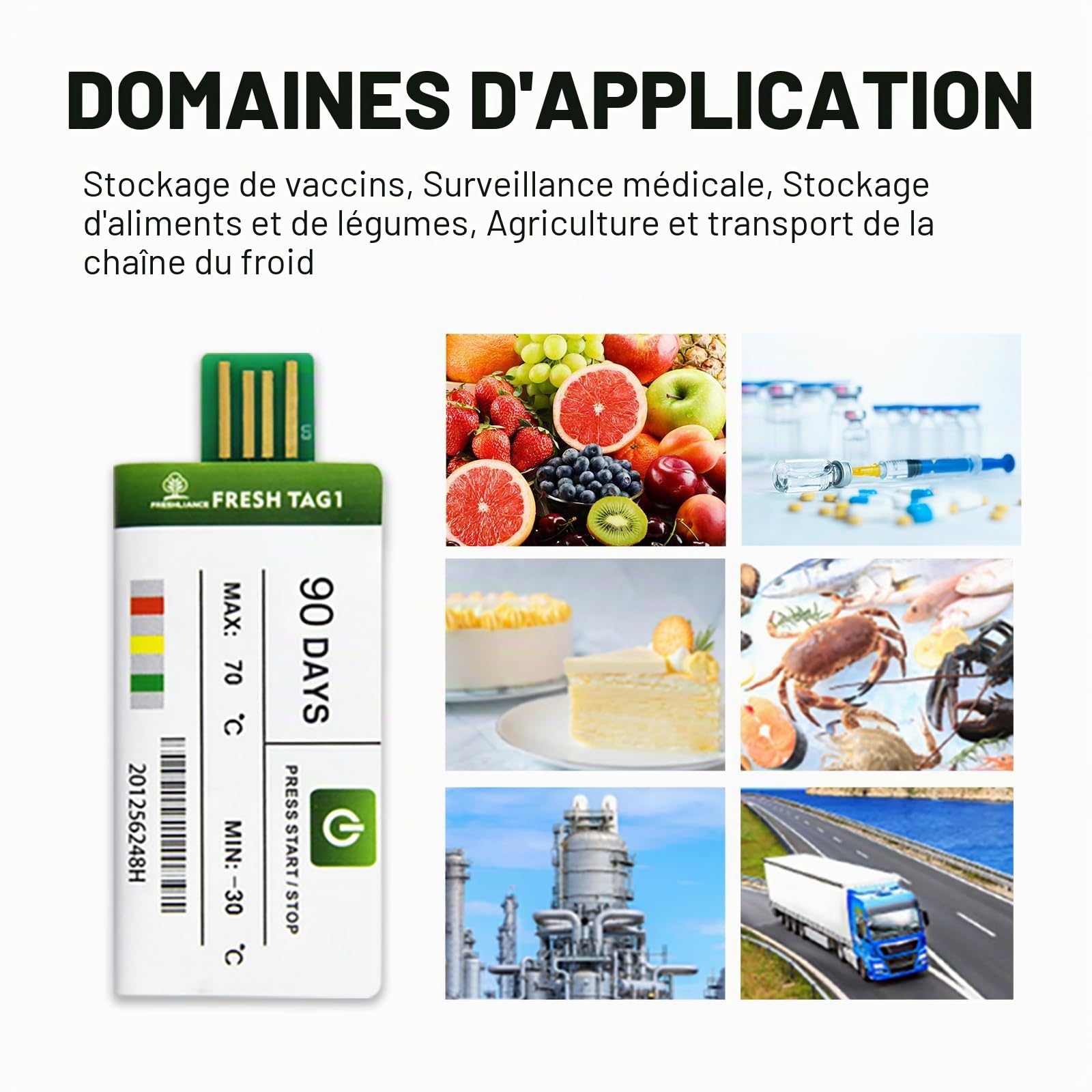Freshliance Enregistreur de Température USB avec 30000 lectures, Enregistreur de Température à usage unique avec le rapport PDF/CSV, Couverture de haute précision 90 jours 10 paquet, Fresh Tag 1