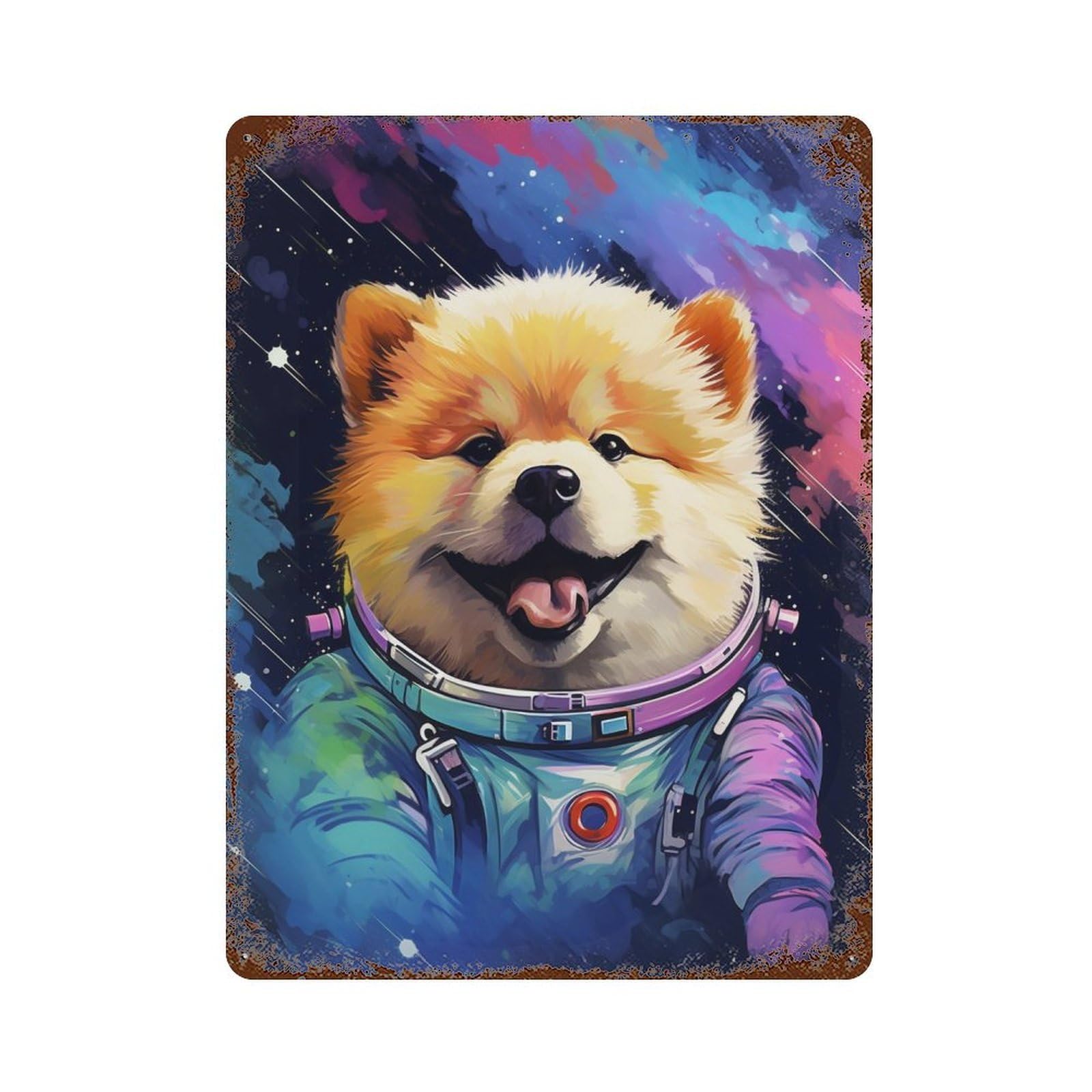 Space Pomeranian Explorer Weathered Tin Sign 15.7"x11.8", Rustic Home Decor for Garage, Pub Or Kitchen