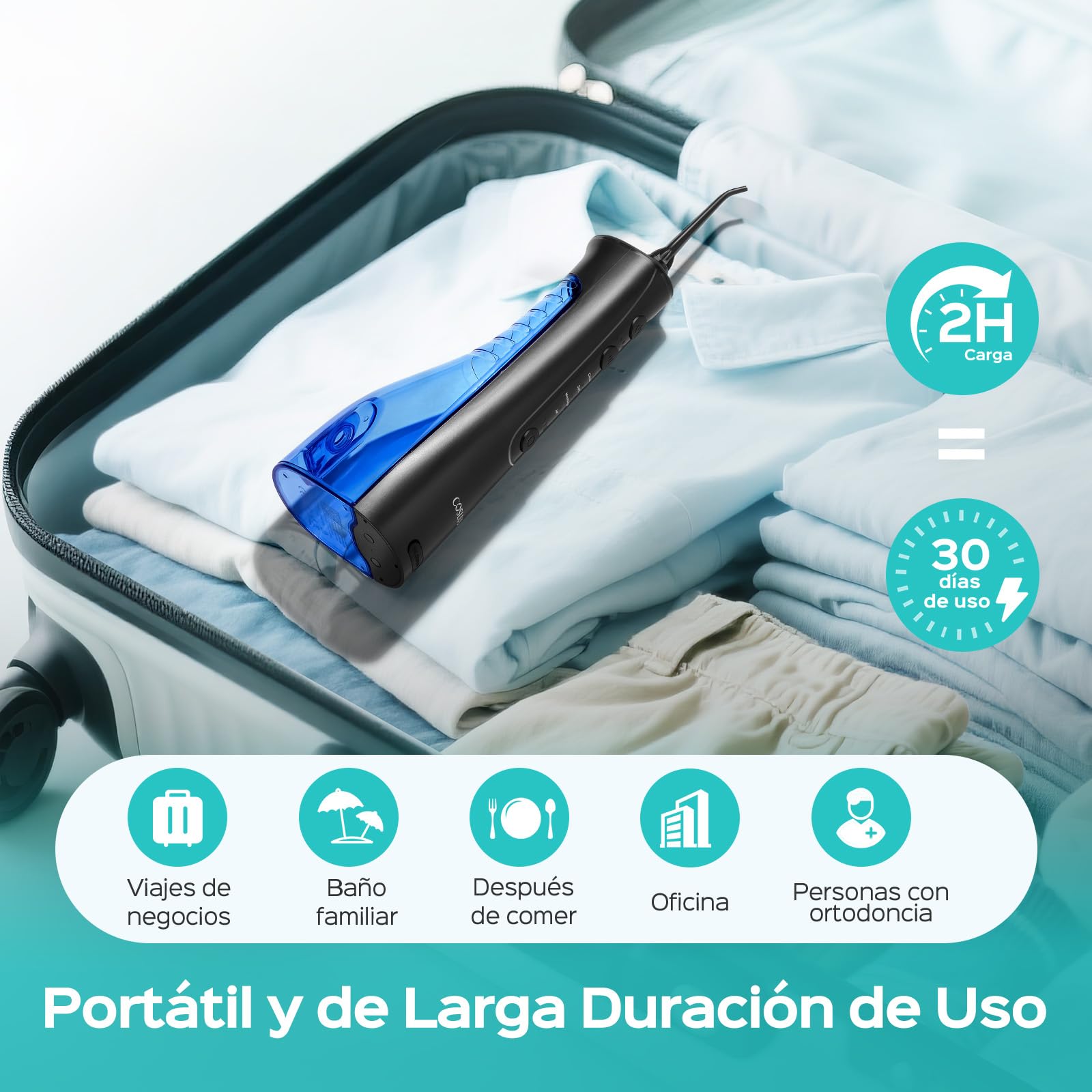COSLUS Irrigador Dental Bucal Portatil: 4 Modos y 20 Presión - IPX7 Irrigador Bucal Inalámbrico para Salud Bucal Braces Encías Sensibles -Limpieza Dental de Viaje Hogar con 4 Boquillas -Negro Oscuro