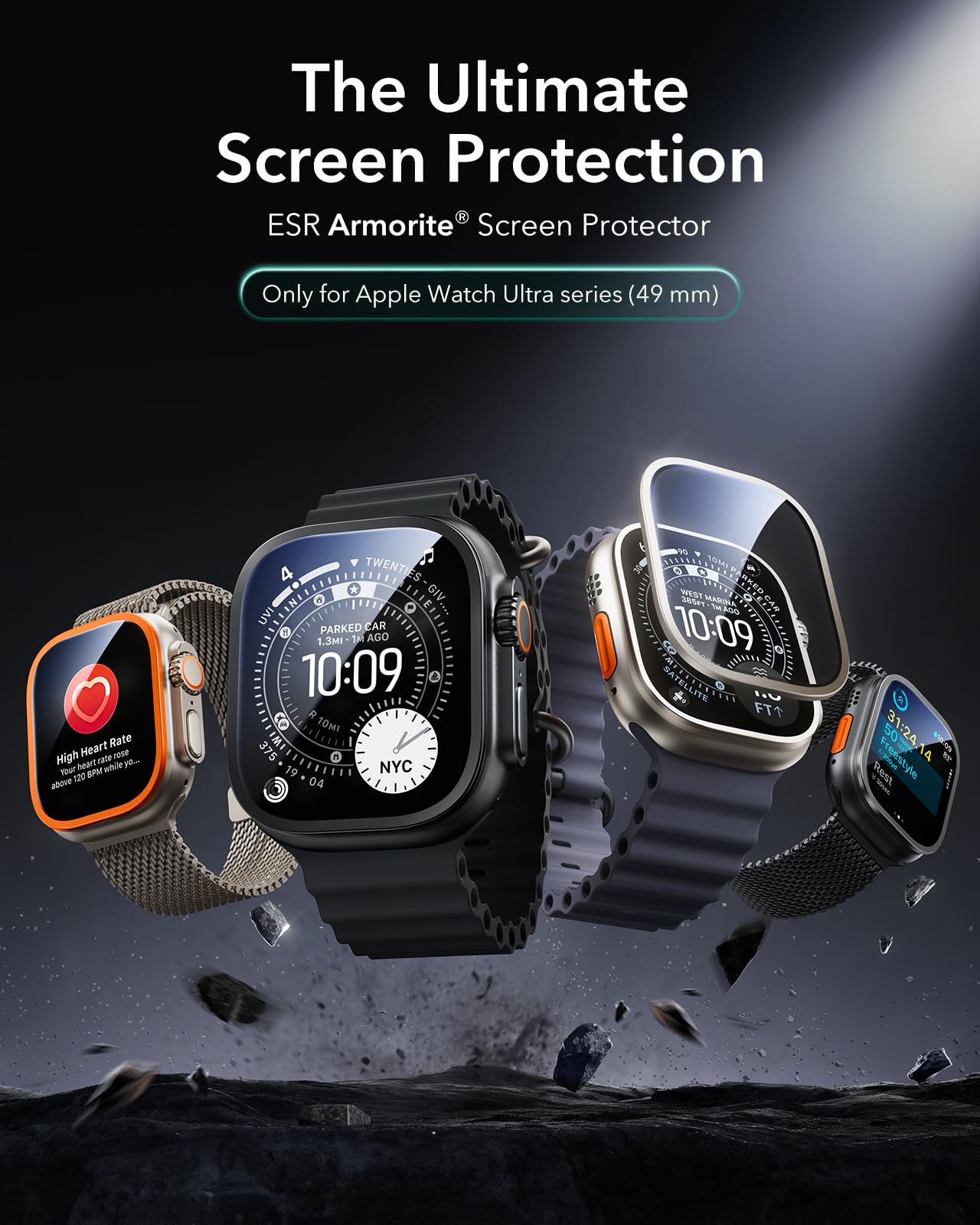 ESR Armorite Protezione per lo schermo per Apple Watch Ultra 3/2/1 (2025/2024/2023/2022, 49 mm), Protezione di livello militare, Vetro temperato con cornice in alluminio, Antigraffio, 2 Pezzi, Titanio