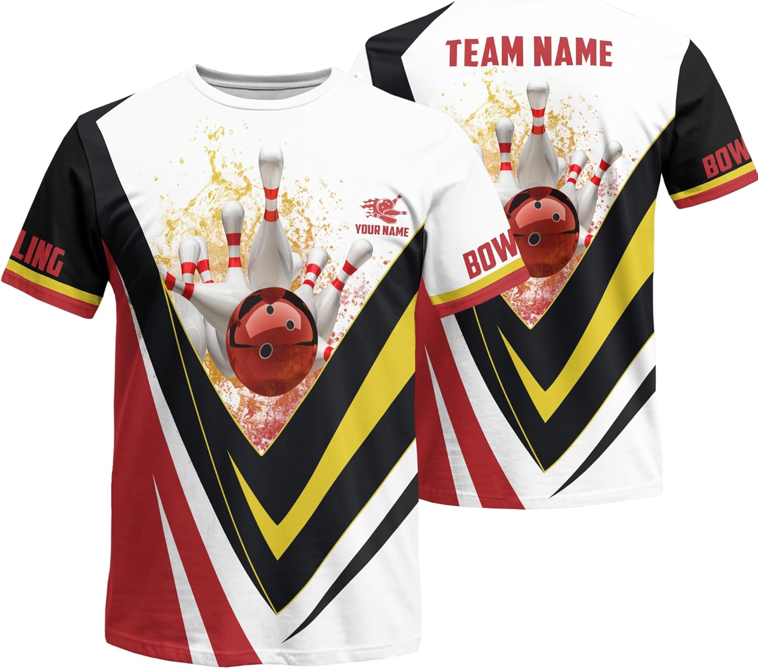 Customizable Bowling T-Shirt Print Top with Red Bowling Theme and Water Splash Pattern Graphic On it for Bowler