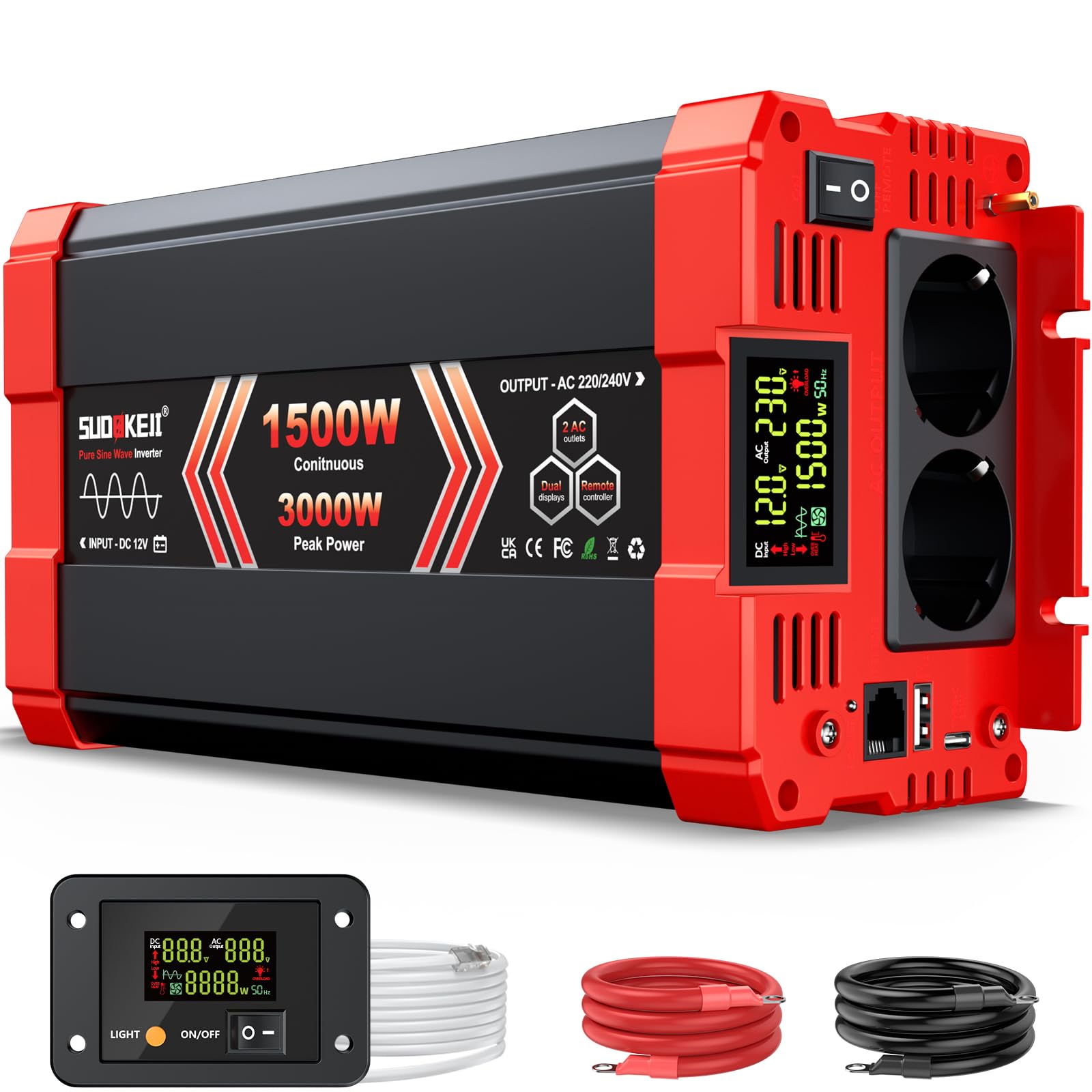 Inversor 12v 220v Onda Pura 1500W 3000W Pico, SUDOKEJI Convertidor de Corriente 12V a 230V con Mando a Distancia LCD, Inversor de Coche con 2 Tomas UE y USB, para Camión Caravana Camping