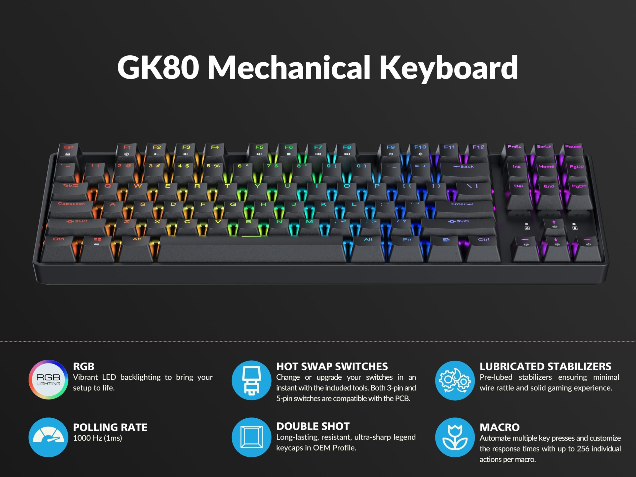 Geeky GK80 Tenkeyless, tastiera meccanica da gioco, 87 tasti, retroilluminazione a LED RGB multicolore per PC/Mac Gamer, layout americano ANSI, nero, blu meccanico