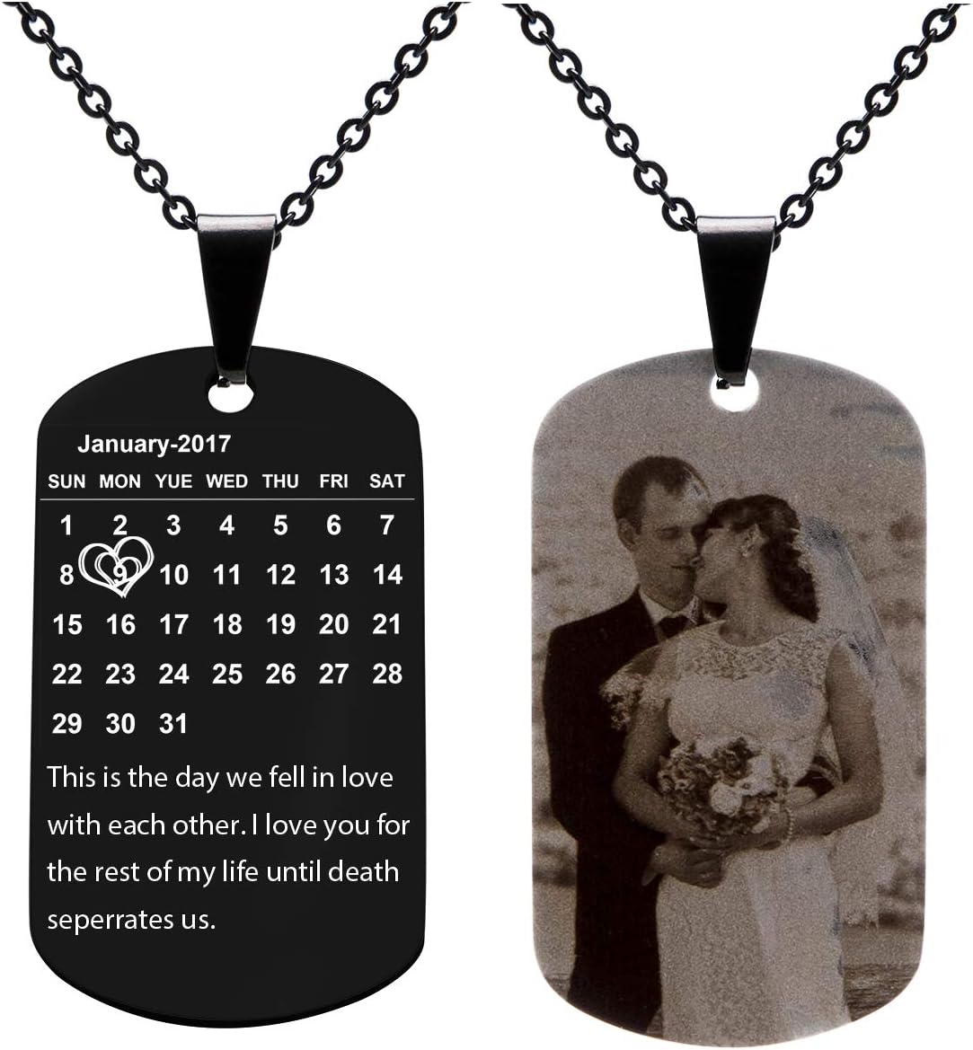 Fanery Sue Personalized Photo Necklace Custom Anniversary Calendar Dog Tag Pendant Engraved Name Messsage Special Day for Couples
