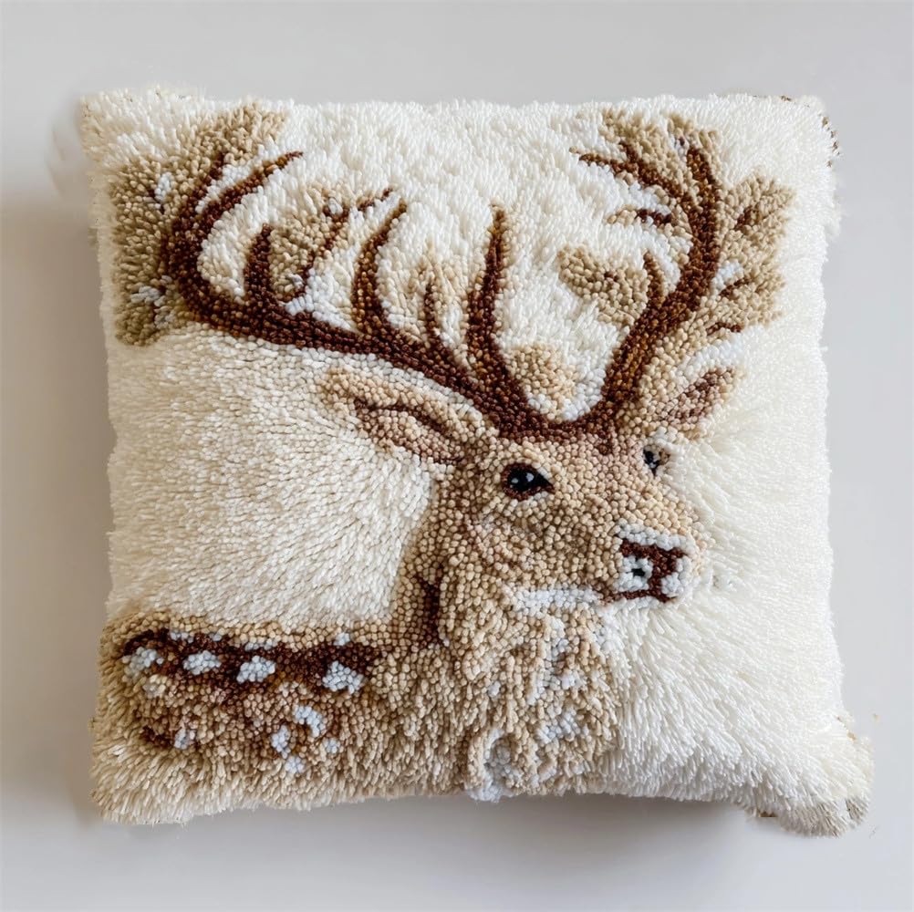 kitphoenix Latch Hook Cushion Kit -White Fallow Deer 17X17Inch, DIY Needlework Pillow Cover Cushion Rug Making Kit for Adults