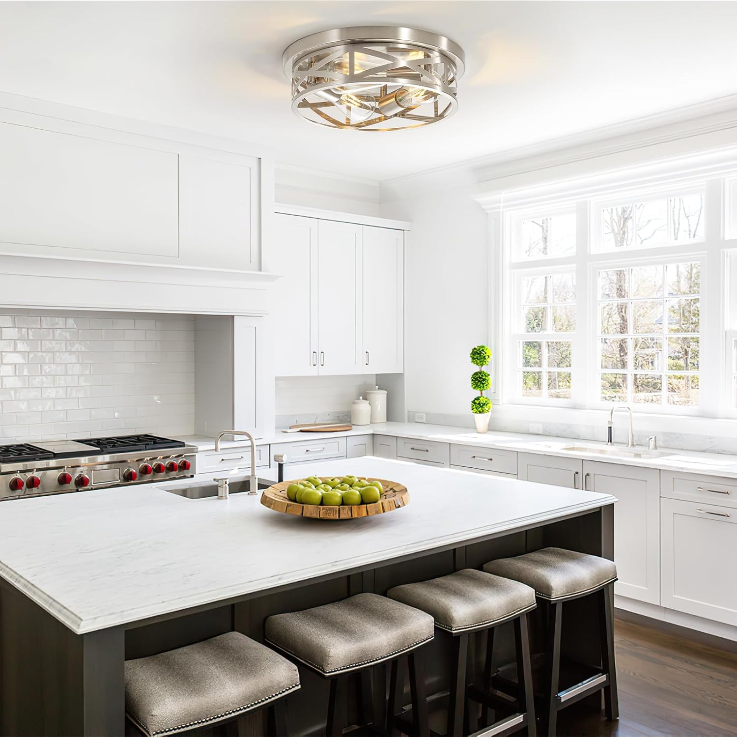 13 Inch Brushed Nickle Flush Mount Ceiling Light Fixture, 2-Pack Metal Cage Close to Ceiling Lights, Modern E26 Base Indoor Kitchen Ceiling Lights for House Hallway Bedroom Living Room Hallway