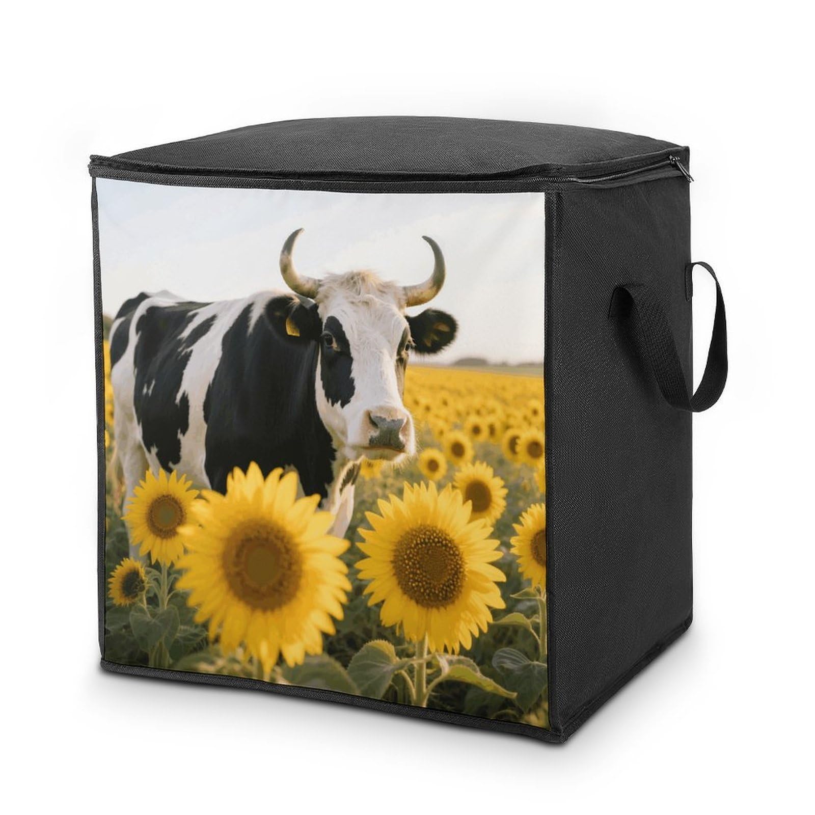 Cow Sunflowers Large Storage Bags with Zippered Storage Organizers Bag Clothes Storages Bins with Lids Foldable Storages Containers with Reinforced Handles for Blanket Bedding