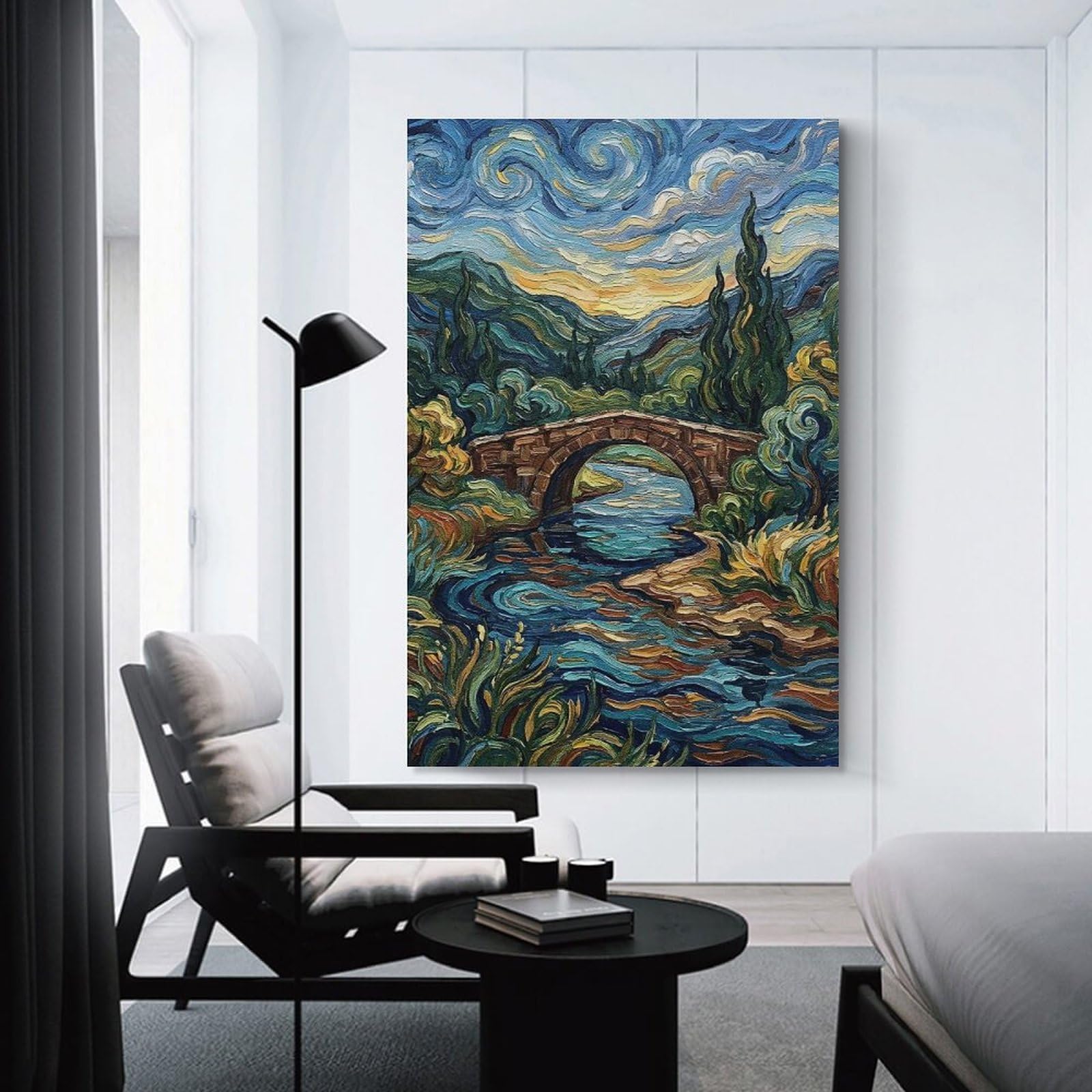 Junmoney Impressionist Bridge Over Water Home Decor Wall Art, 20x30inch(50x75cm), for Apartment Walls, Studios Or Work Areas, Wall Decor with Flexible Room Appeal
