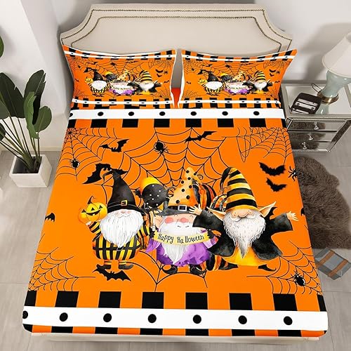 Miniatura 3 de Manfei Juego de sábanas bajeras de gnomos lindos tamaño individual, juego de ropa de cama con temática de Halloween, 2 piezas para decoración de