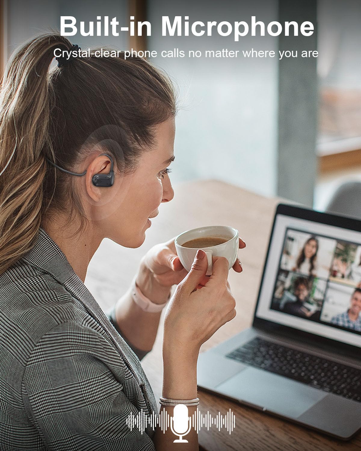 Woman using WamGra Open Ear Headphones T18 for a call