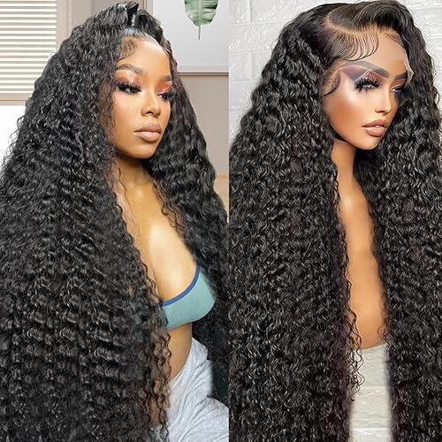 28 Inch 13x6 Deep Wave Lace Front Wigs Human Hair Deep Wave Frontal Wig 13x6 HD Lace Front Wigs Human Hair Pre Plucked 200 Density Glueless Virgin Deep Wave Wig for Women Natural Color