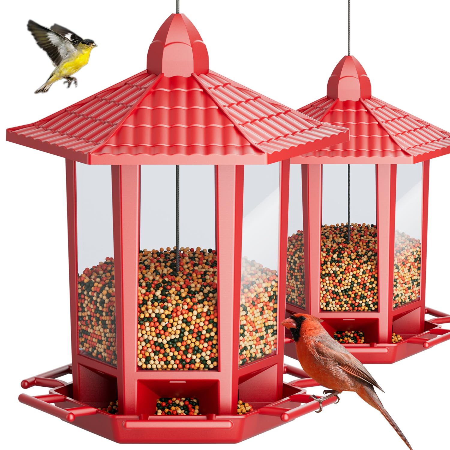 Birdream 2 Pack Bird Feeders for Outdoor Hanging, Retro Pagoda Design Fun Installation Bird Feeder, Attracting Wild Birds Chickadees Goldfinches Cardinals Finches and Sparrows - Red