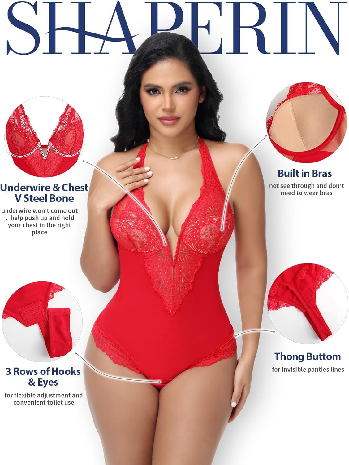 SHAPERIN Sexy Lace Bodysuits for Women Tummy Control Shapewear Built in Bras Corset Body Suit Going Out Outfits - Image 3
