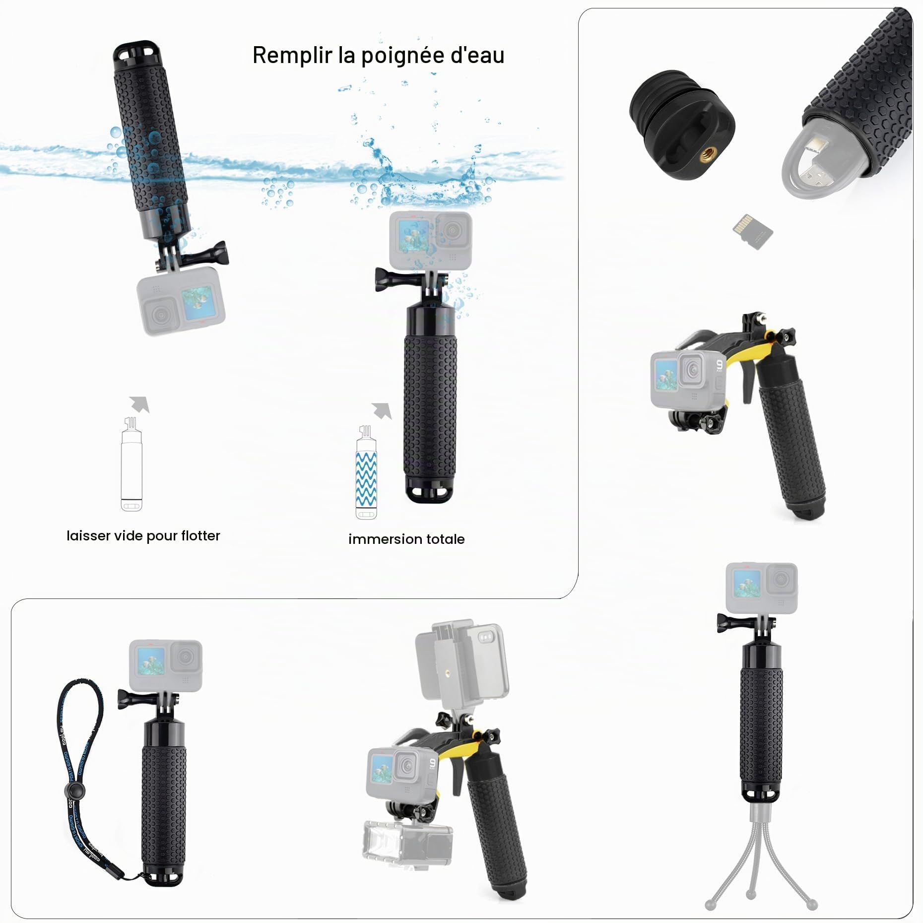 Port dôme étanche pour GoPro Hero 13 12 11 10 9 noir avec filtres commutables intégrés, poignée flottante, déclencheur, boîtier dôme sous-marin pour GoPro 9 10 11 12 13 Noir