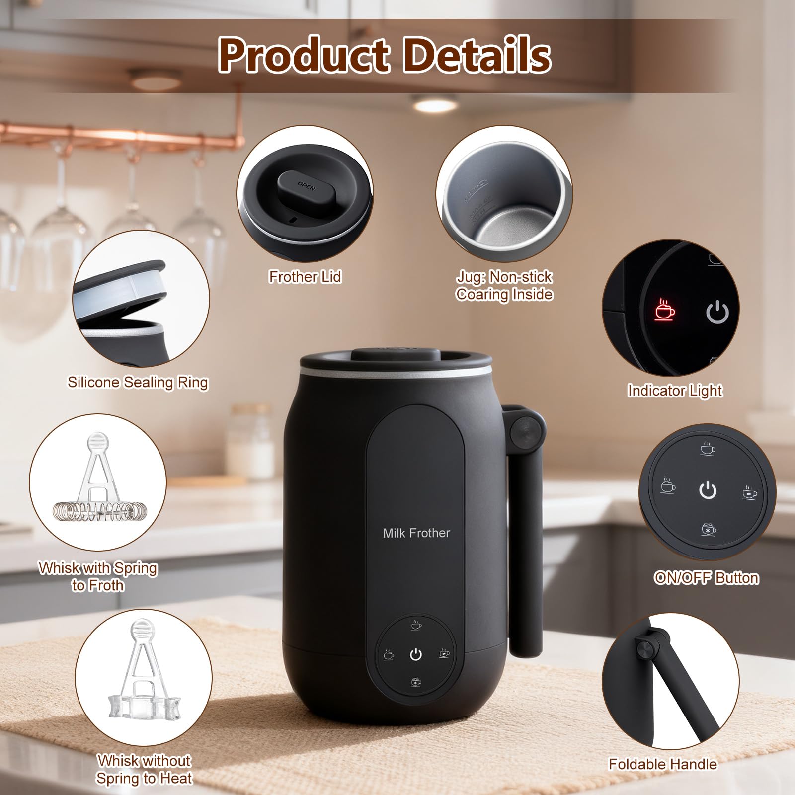 Fagalil Montalatte Elettrico, Montalatte 4 in 1 con Controllo Smart Touch e Manico Pieghevole Schiumatore Caldo e Freddo per Caffè Cappuccino Latte Cioccolata Calda (250 ml)
