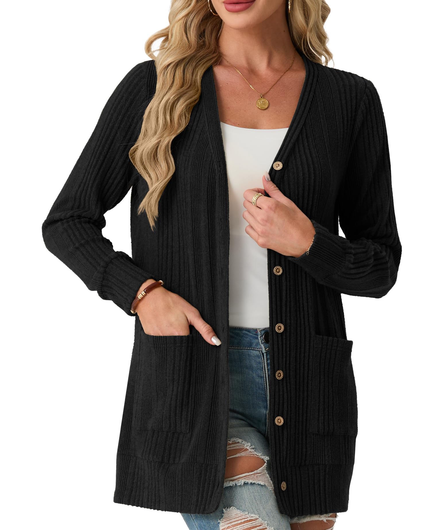 GRECERELLE Damen Sommer Lang Strickjacke Elegant Leichte Lässig Cardigan V-Ausschnitt Gerippt Strickjacken mit Tasche, Knöpfen