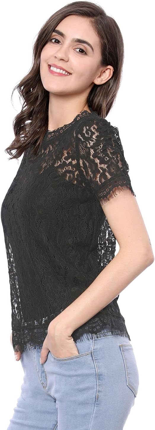 Allegra K Women's Lace Floral Scalloped Trim Short Sleeve Semi Sheer Top - Image 5
