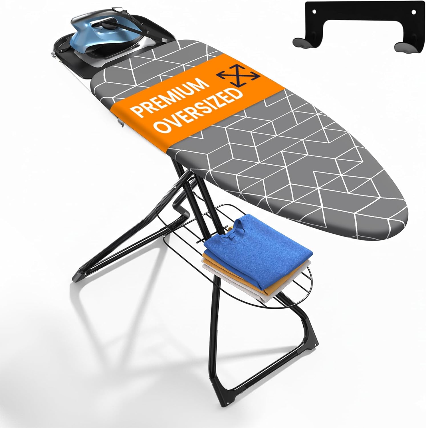 Xabitat Full Size Ironing Board 57" X 15" with Wall Mount Hanger, Full Metal Construction Iron Board, Built in Iron Caddy, Heat & Scorch Resistant Fabric, Cord Holder, Anti-Skid Feet, Heavy Duty
