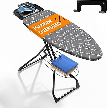 Xabitat Extra Wide Ironing Board 60" X 20" with Wheels & Wall Mount Hanger | Full Metal Iron Board | Built in Iron Caddy | He