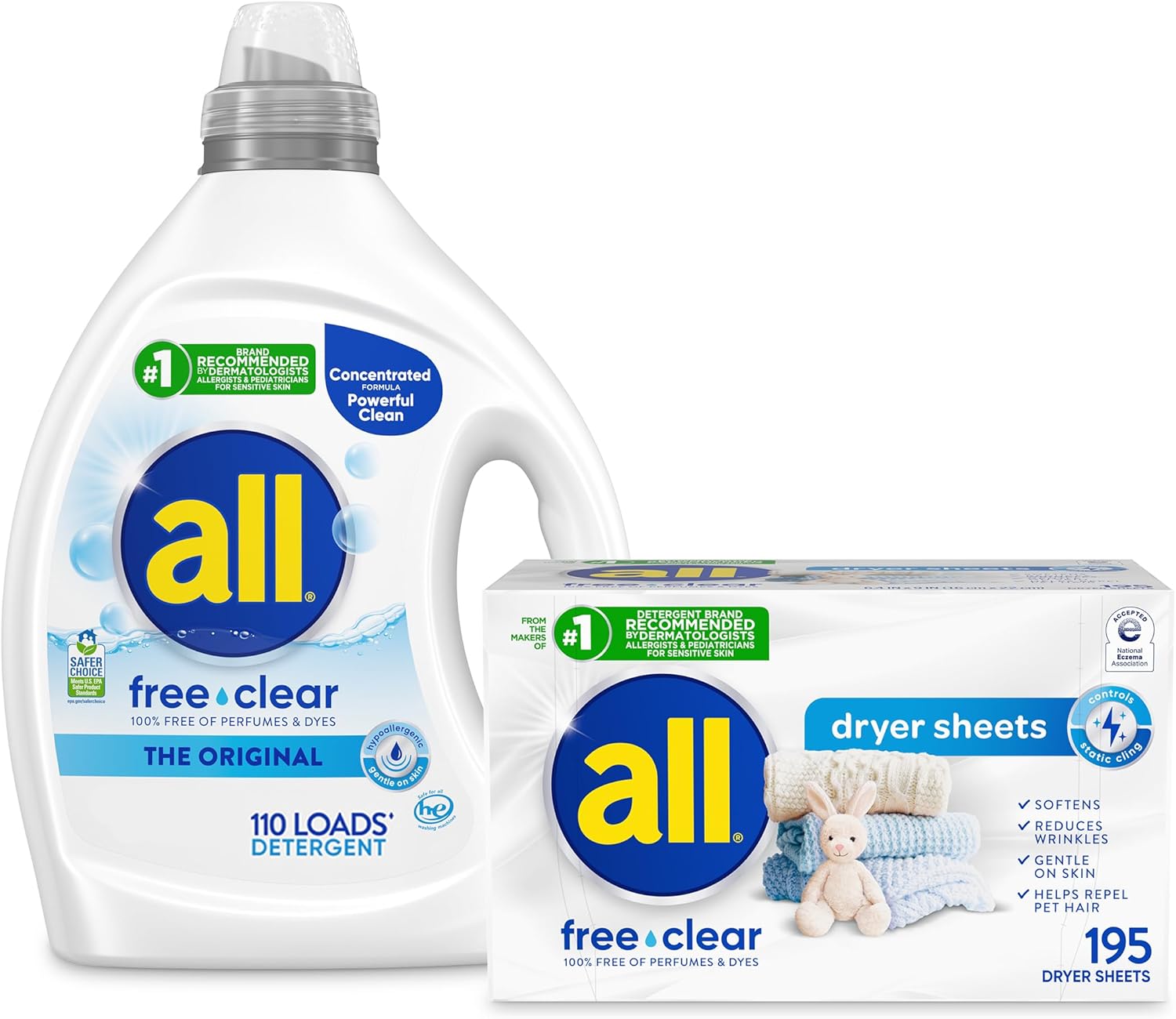 Bundle of all Liquid Laundry Detergent, Free Clear for Sensitive Skin, Unscented and Hypoallergenic, 2X Concentrated, 110 Loads + all Fabric Softener Dryer Sheets for Sensitive Skin, Free Clear, 195ct