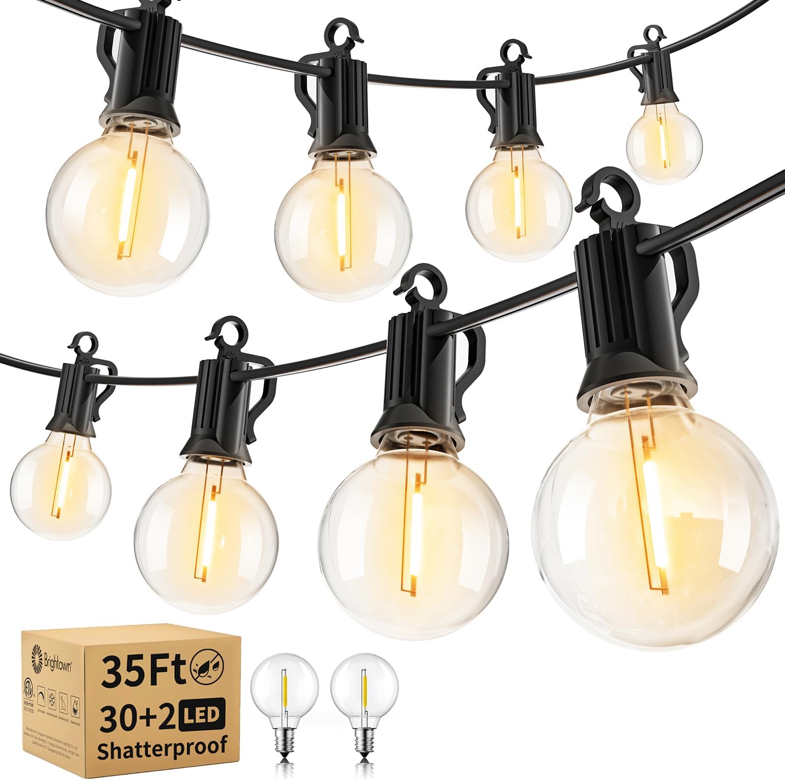 Brightown Outdoor String Lights - Waterproof Globe Patio Lights 35 Ft with 30 G40 Shatterproof LED Bulbs, Connectable Commercial Hanging Light for Backyard, Bistro, Porch, Cafe, Deck, Garden