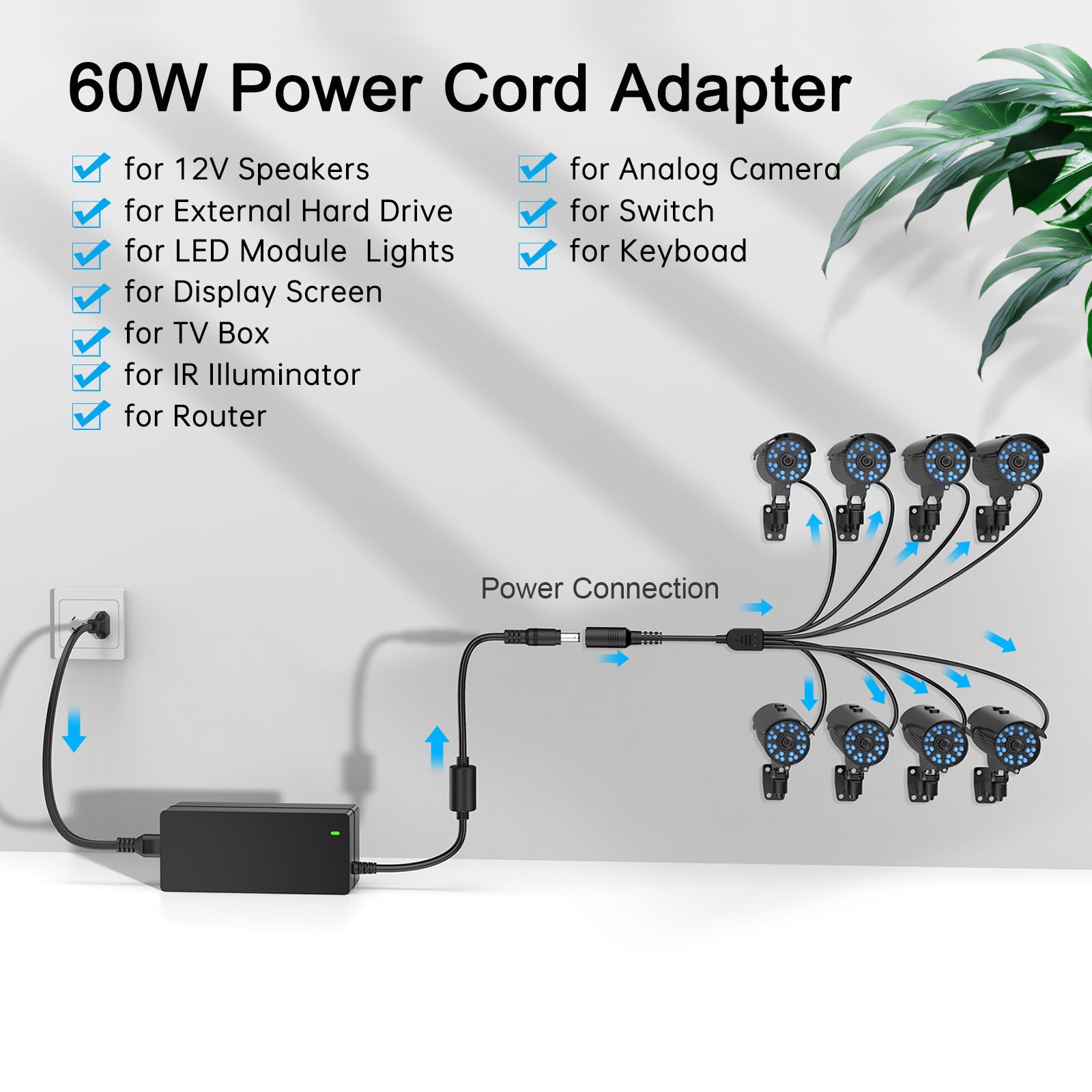 Fuente de alimentación CCTV 12V 5A 12V 5A para cámara de seguridad con cable divisor de alimentación de 8 vías, compatible con cámaras Lorex, Samsung, Q-See, Night Owl, Swann, Annke IP y