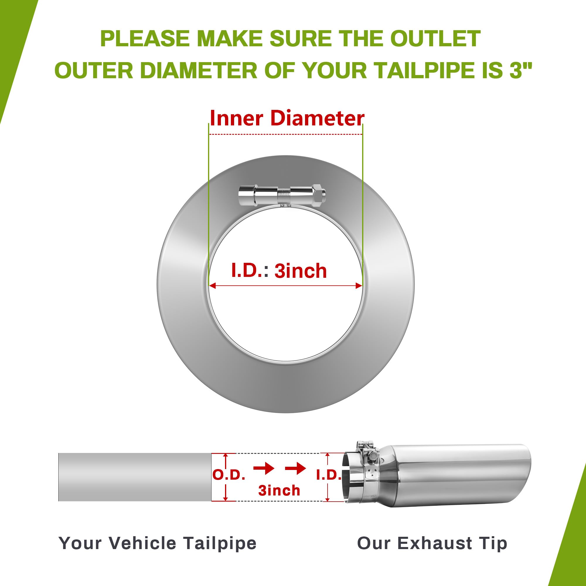 Kible 3" Inlet 4" Outlet 12" Long Stainless Steel Exhaust Tip - Bolt-On, Black/Silver