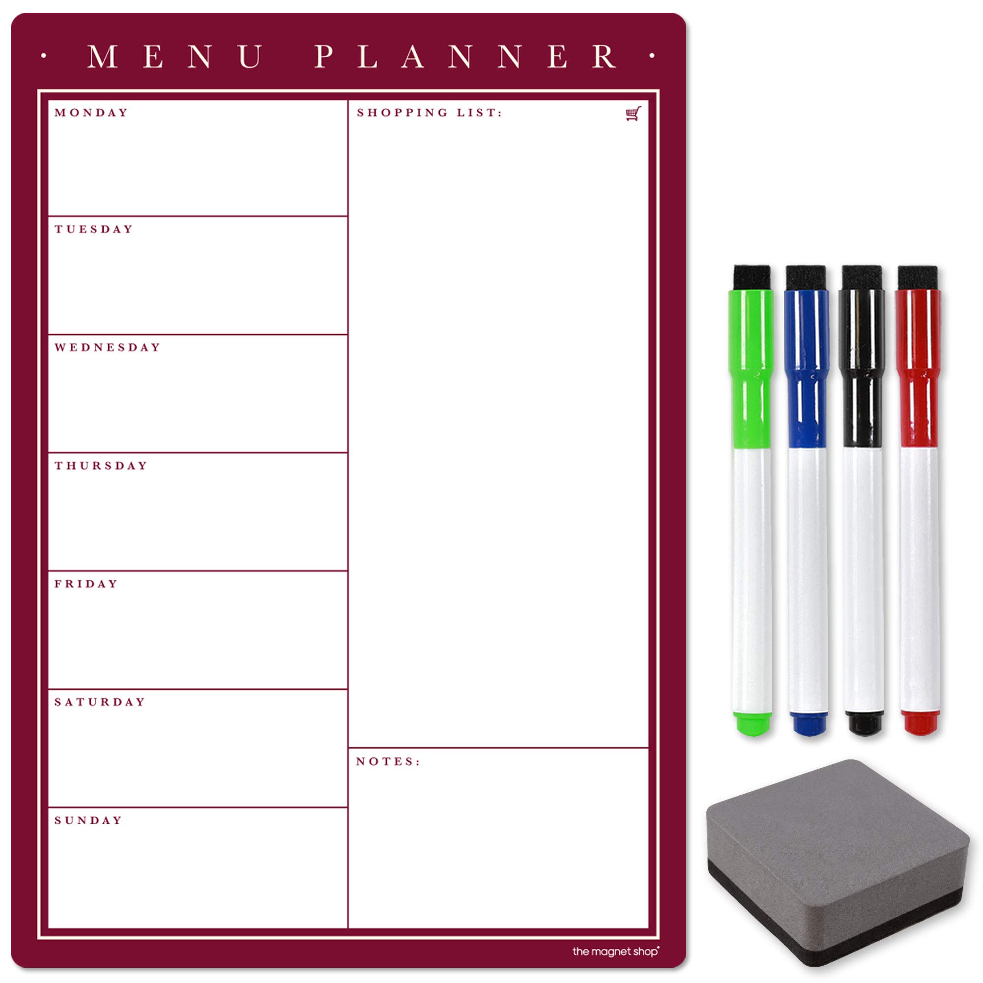The Magnet Shop Magnetic A3 Weekly Meal Planner – Customisable Whiteboard Planner, Menu, Shopping List and Wall Organiser - with 4 Dry Erase Pens and Eraser (Claret, A3)