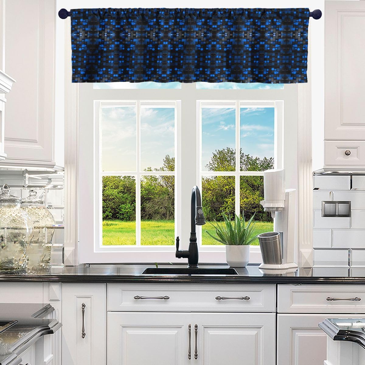 Manfei Abstract Blocks Valance Curtains Lattice Geometric Check Pixelated Window Valances for Boys Girls Adult Bedroom Decor Miners Video Games Blocks Window Drape 52" W x 18" L (Pack of 1),Red Black image 2