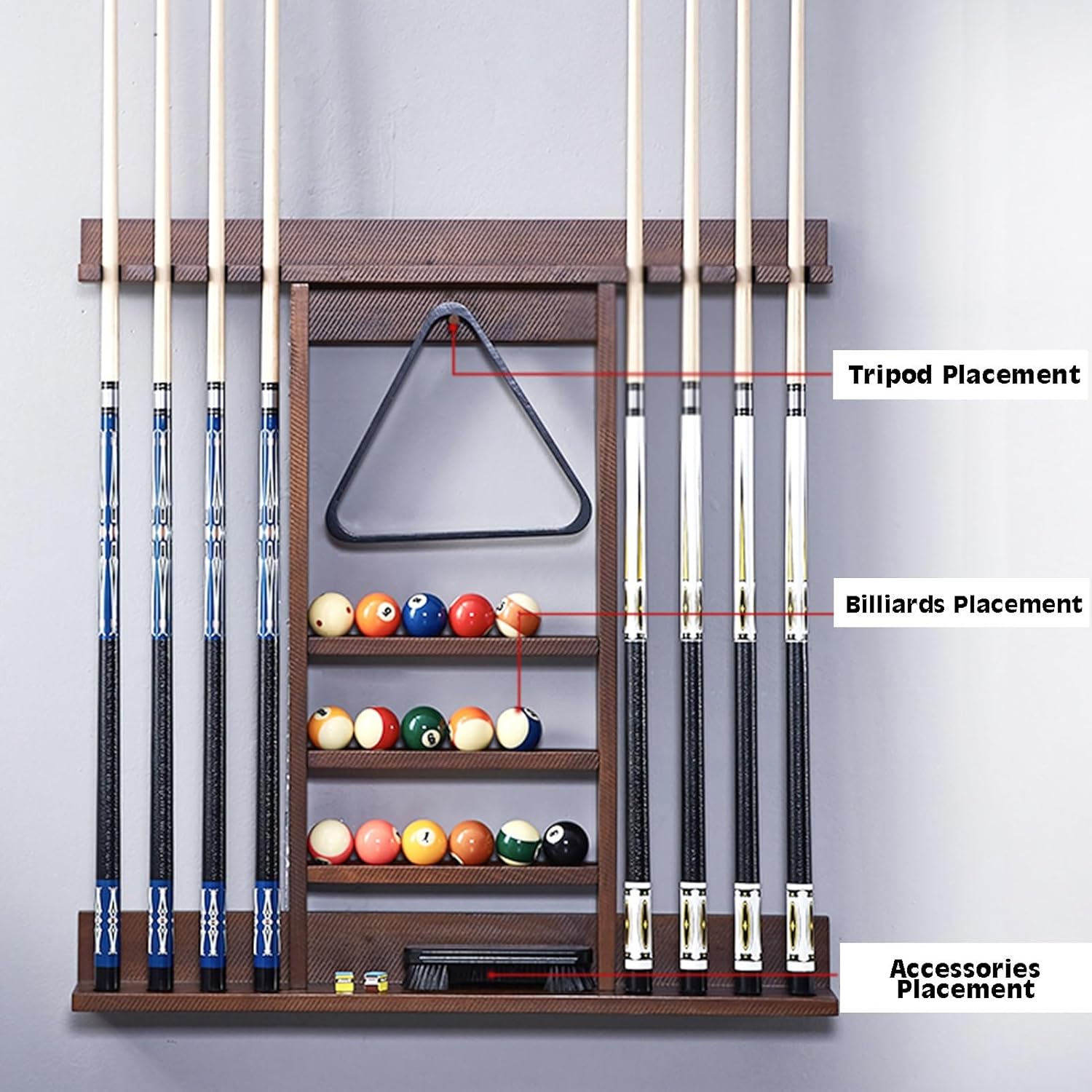 Wall-mounted Billiards Pool Stick Holder,Pool Cue Rack Hardwood,Equipment Storage Organizer,Hold Up to 8 Sticks,for Table Accessories(Color2)