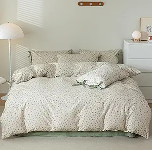 VM VOUGEMARKET Duvet Cover Set Twin 100% Cotton 3 Pcs Girls Green Floral Comforter Cover with Zipper Closure,Cottagecore Style Duvet Cover + 2 Pillowcases with Bowknot-68x86 Inch