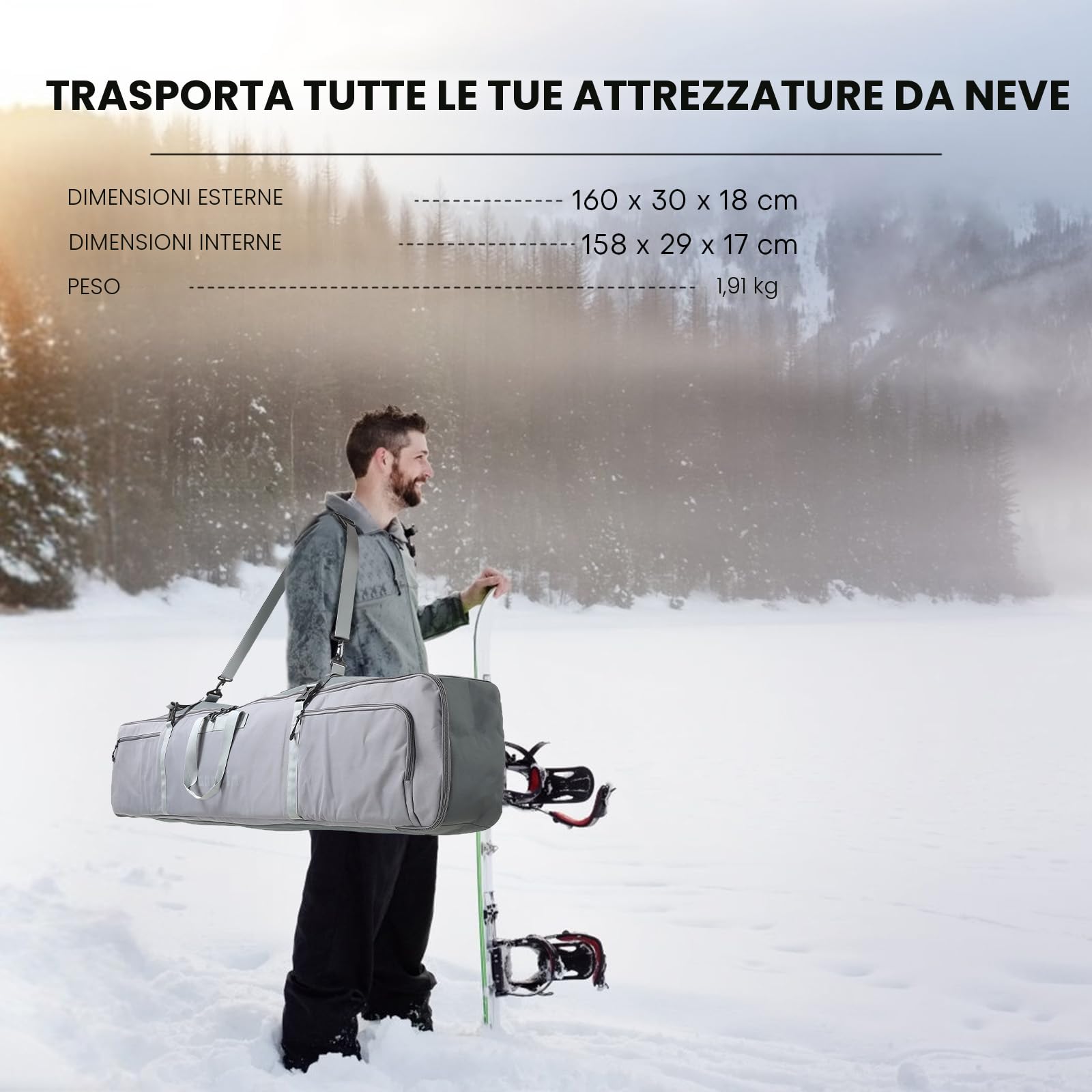 Borsa da Snowboard e Sci Con Imbottitura da 7 mm - Per Viaggio, Volo, Casco, Tavola, Stivali - Con Cinghia per Bastoni da Sci e Manico