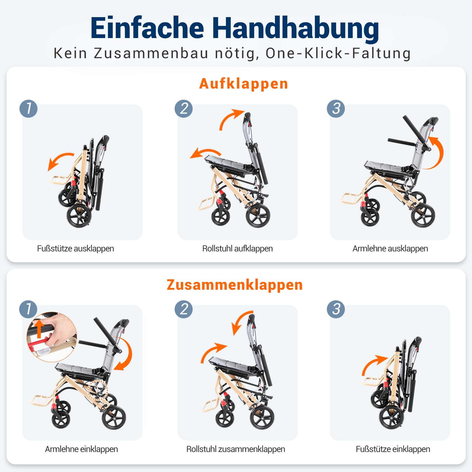 Care Parents reiserollstuhl Faltbar & Leicht (8,7kg), 41cm Sitzbreite,mit ausziehbarer Zugstange, Aluminium rollstuhl, Kompakt für Flugzeug, Bahn & Auto, Armlehnen hochklappbar, Bis 100kg (CP-9209)