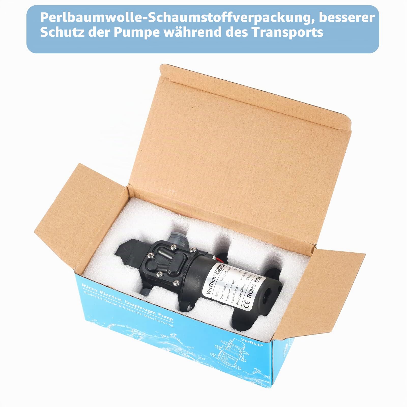 VerRich Diaphragm Pump, 12 V Water Pumps 70 W Self-Priming Pump 6 L/Min 0.9MPA 131 PSI with Pressure Switch with 2 Adjustable Hose Clamps