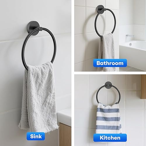 Miniatura 7 de Toallero de mano atornillado negro mate para pared de baño, colgador de toallas redondo de acero inoxidable para accesorios de baño