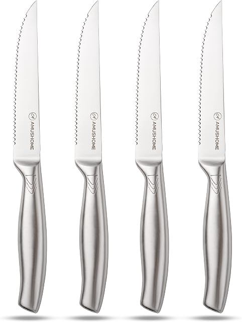 AMUSHOME Steak Knives Set of 4  Stainless Steel Steak Knife with Sharp Serrated Edge & Ergonomic Non-Slip Handle , Rust-Proof & Scratch-Resistant