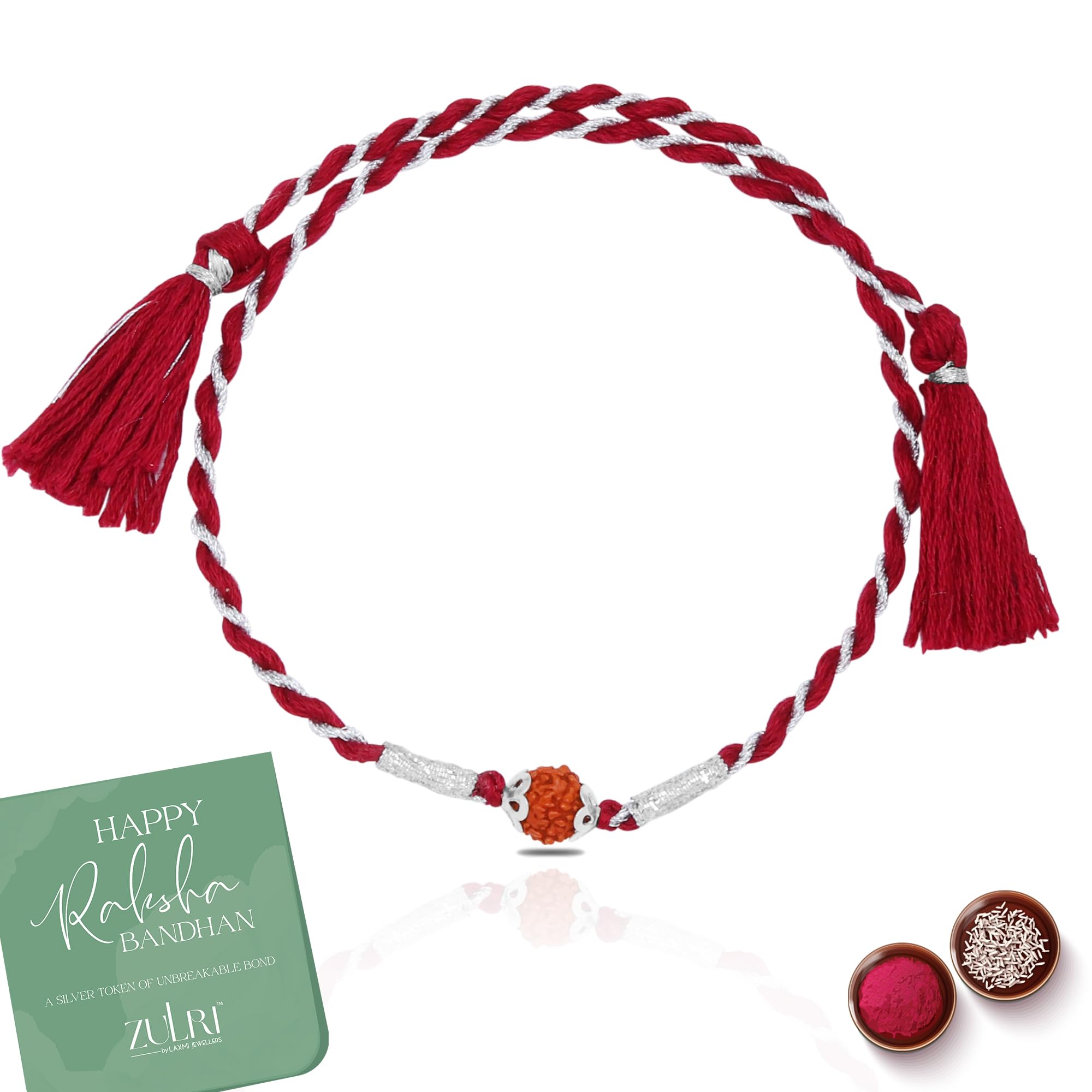 92.5 Sterling Silver Panchmukhi Rudraksha Red/Silver Thread Rakhi For Rakshabandhan | Rakhi With Fragrance Greeting Card & Roli Chawal and Certificate of Authenticity-image-21