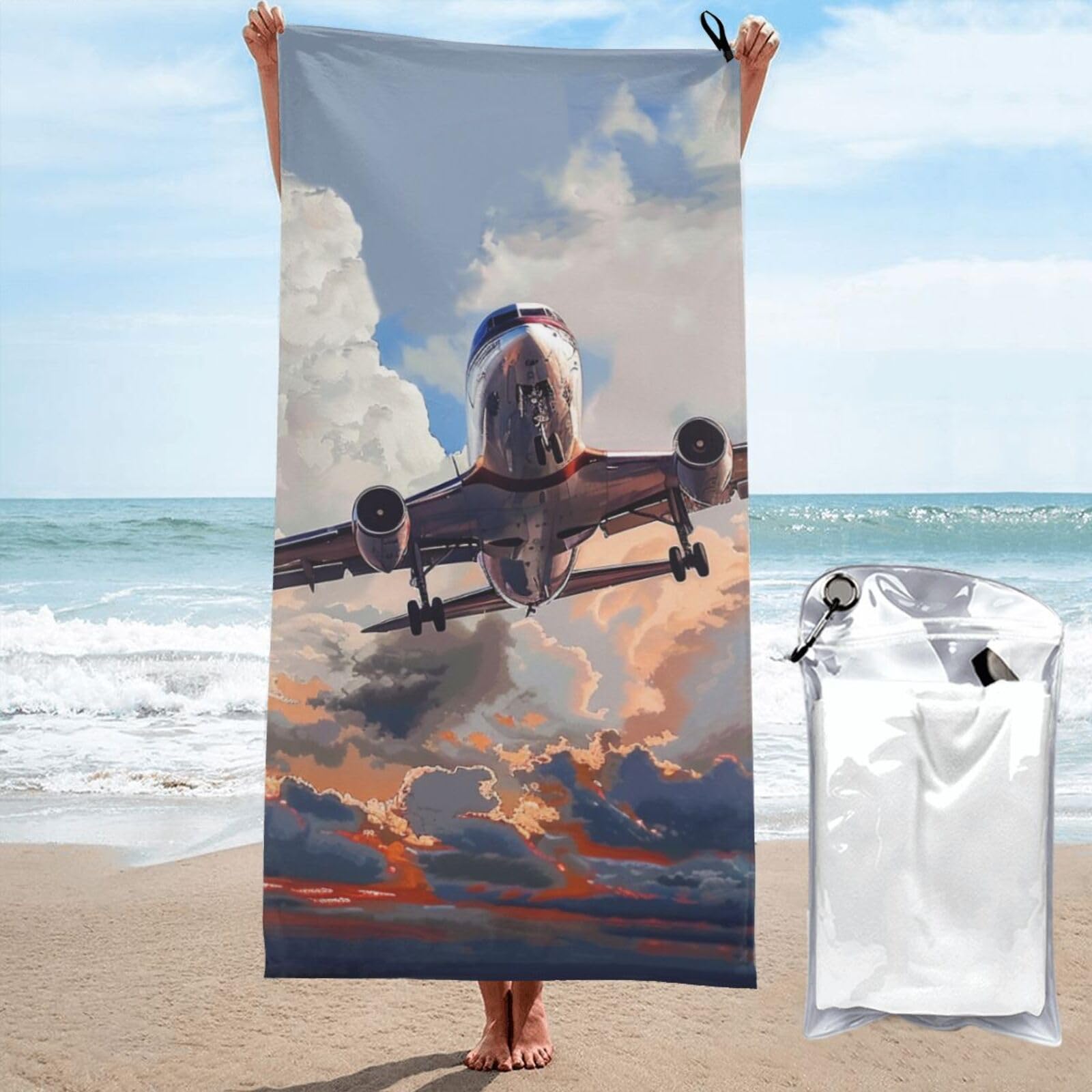 kkvhhyuo Microfiber Beach Towel, Airplane Art Printed Lightweight Quick Dry Travel Bath Sheet with Compact Carry Bag for Swimming Yoga Camping Gym,27.5"x55"