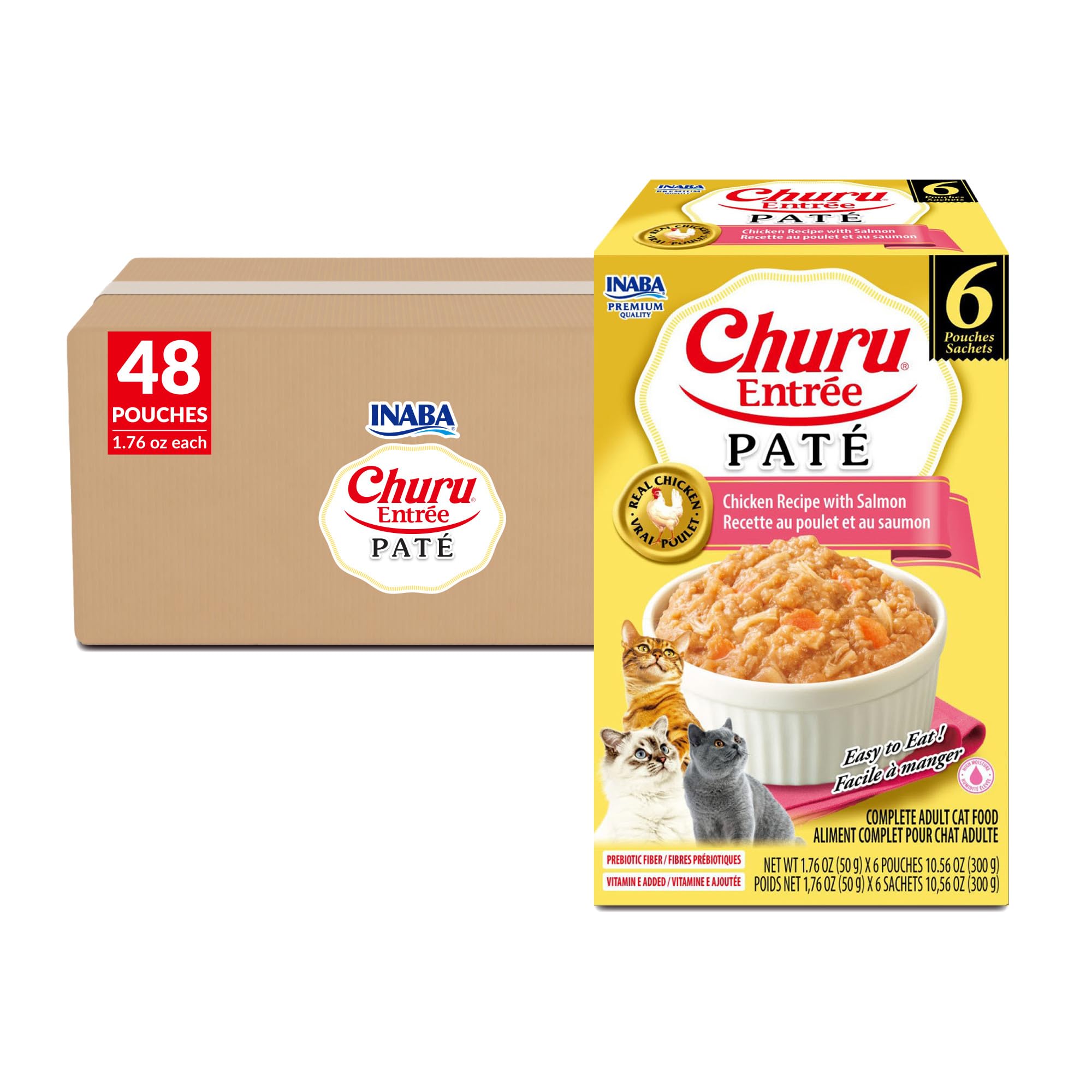 INABA Churu Entrée Pate for Cats, High Protein &amp; Moisture, Prebiotic Wet Cat Food, 1.76oz. per Serving, 48 Pouches, Chicken with Salmon Recipe
