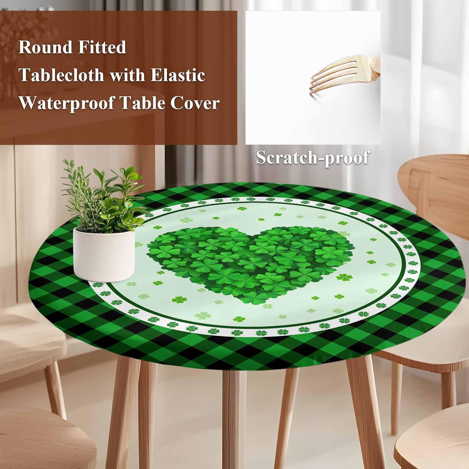 Shamrock Plaid Round Tablecloth Fitted Table Cover,Elastic Tablecloths Waterproof Outdoor Indoor Stretch Cloth Tablecover for Dinner,Party,Shower,Saint Patrick's Day Love Clover Green Plant 55-60IN