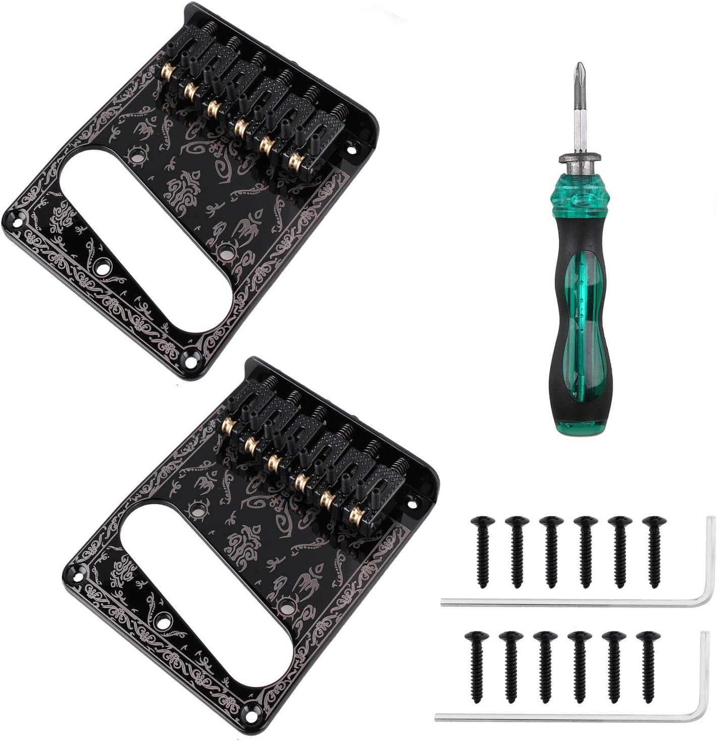 2PCS Black 6 String Carved Roller Saddle Bridge Plate for Telecaster Electric Guitar & 1 pcs Screwdriver